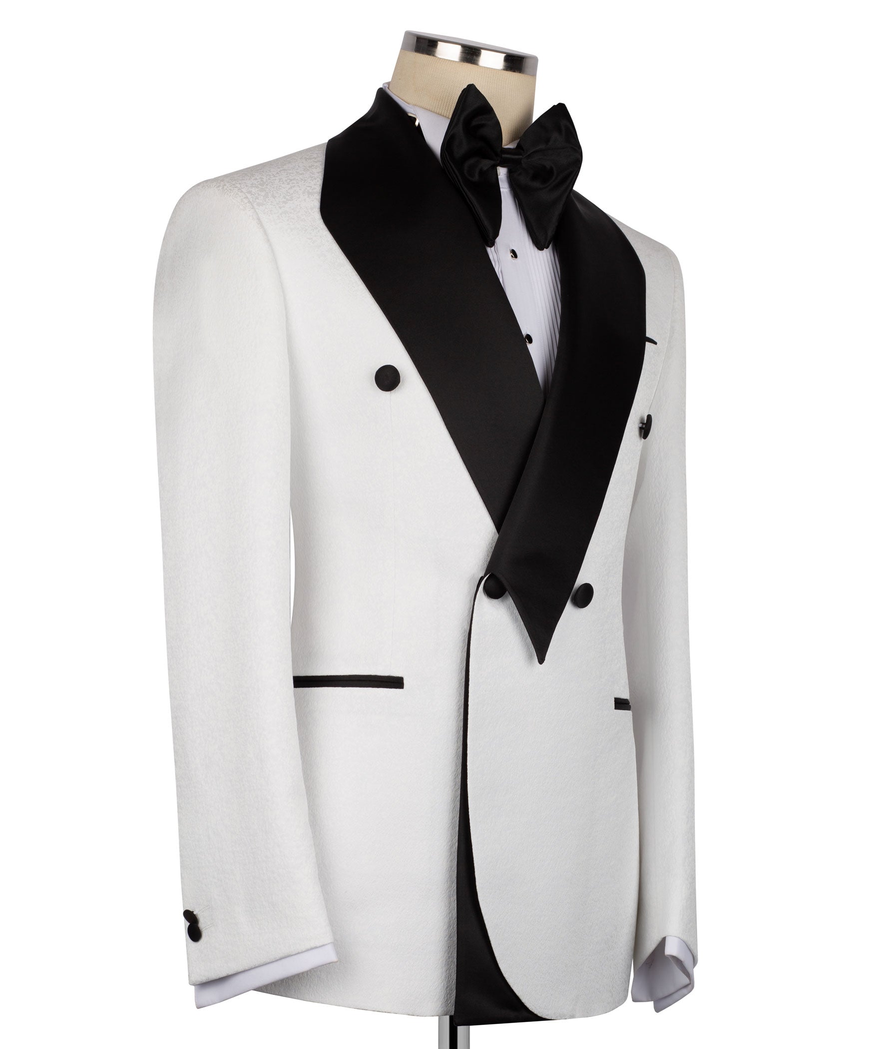 White tuxedo jacket with black bow tie and wide satin lapel, button front