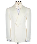 Cream tuxedo two-piece set: fitted jacket with vest, bow tie, and light blue shirt