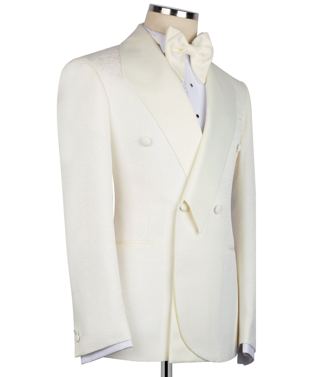 Cream tuxedo two-piece set, side view: single-breasted jacket with vest and bow tie