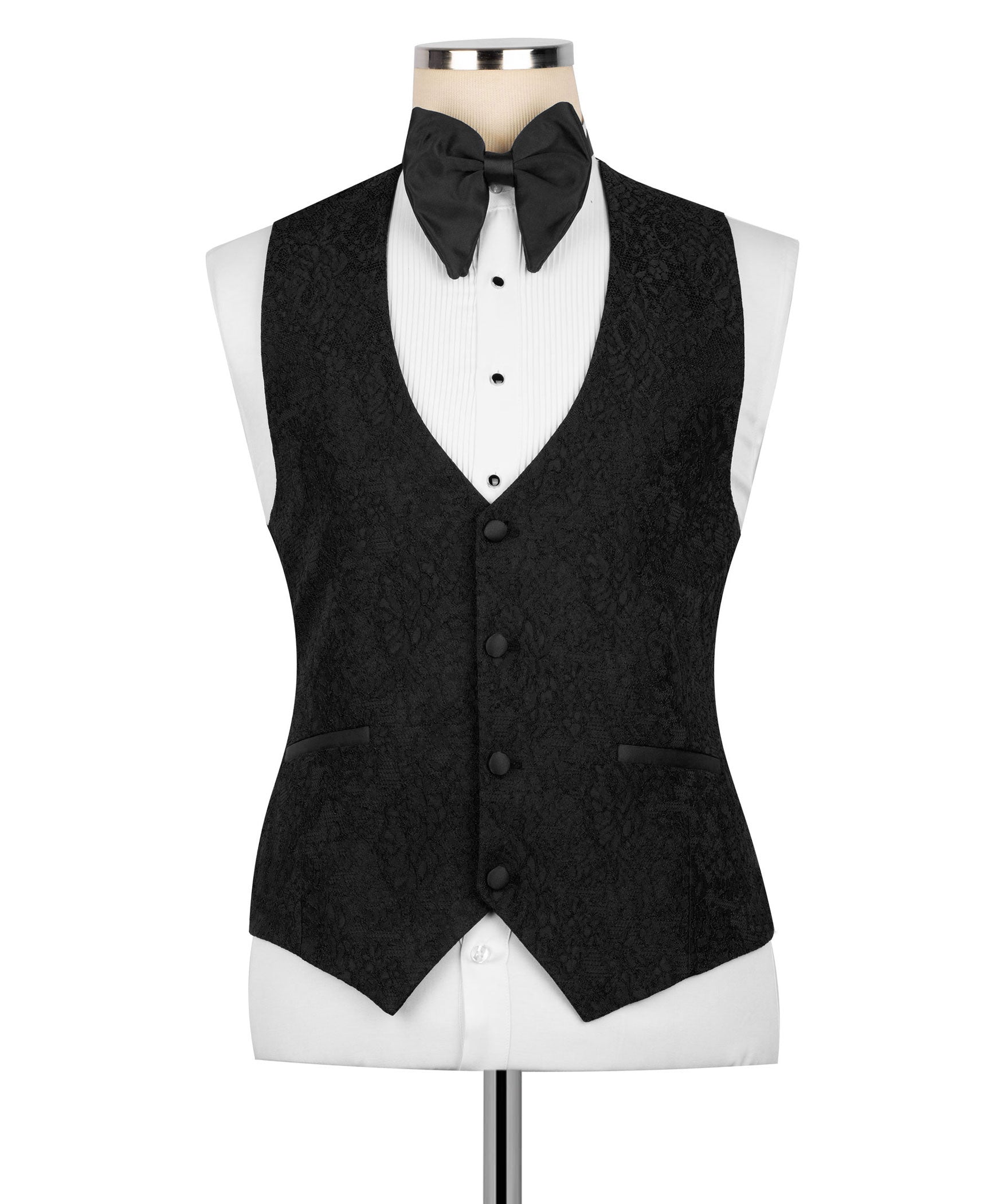 Black three-piece tuxedo vest on mannequin with bow tie and button front