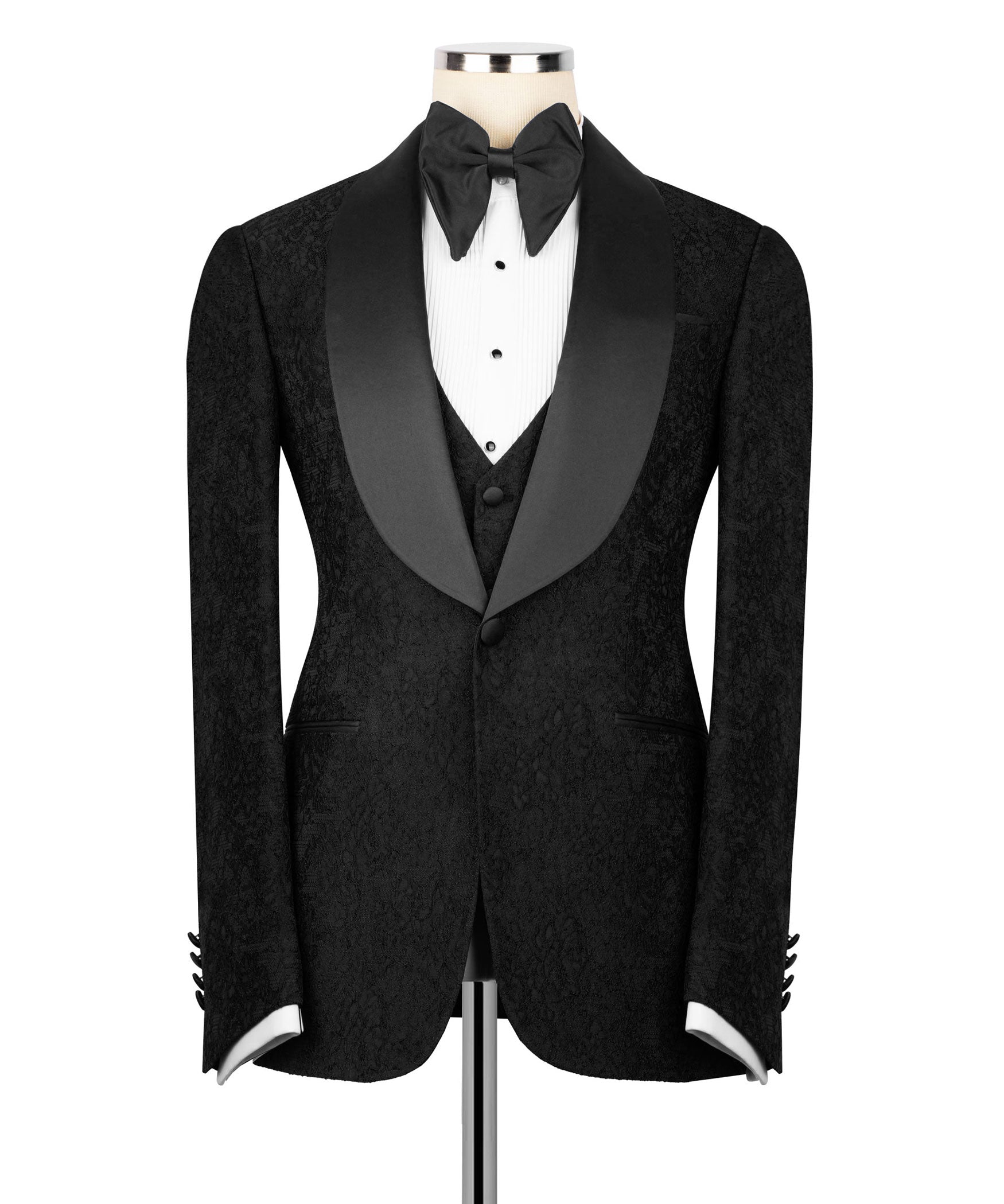 Black tuxedo suit set with bow tie and vest, satin-faced lapels, tailored jacket