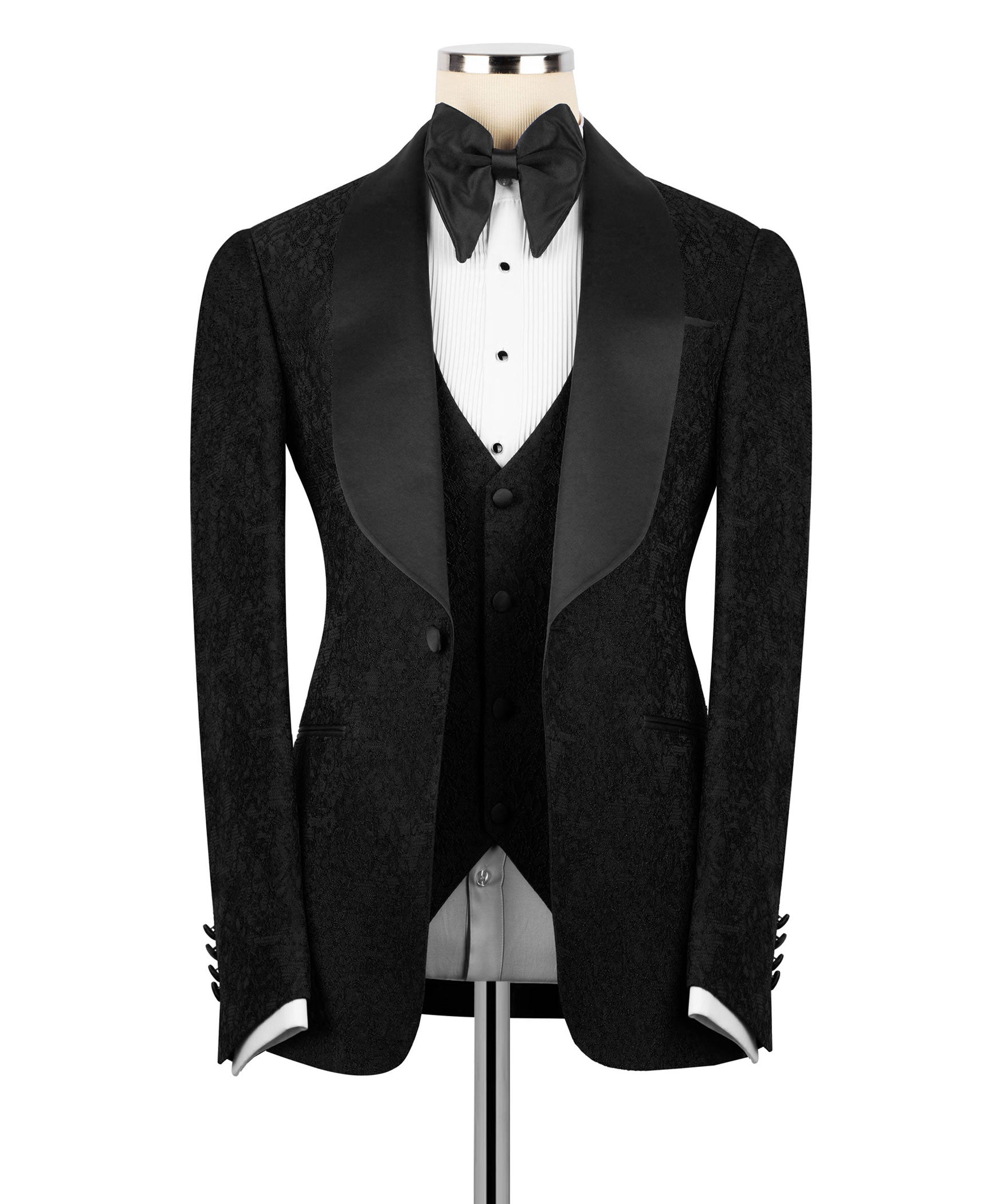 Black three-piece tuxedo suit with bow tie, satin lapels, and striped waistcoat