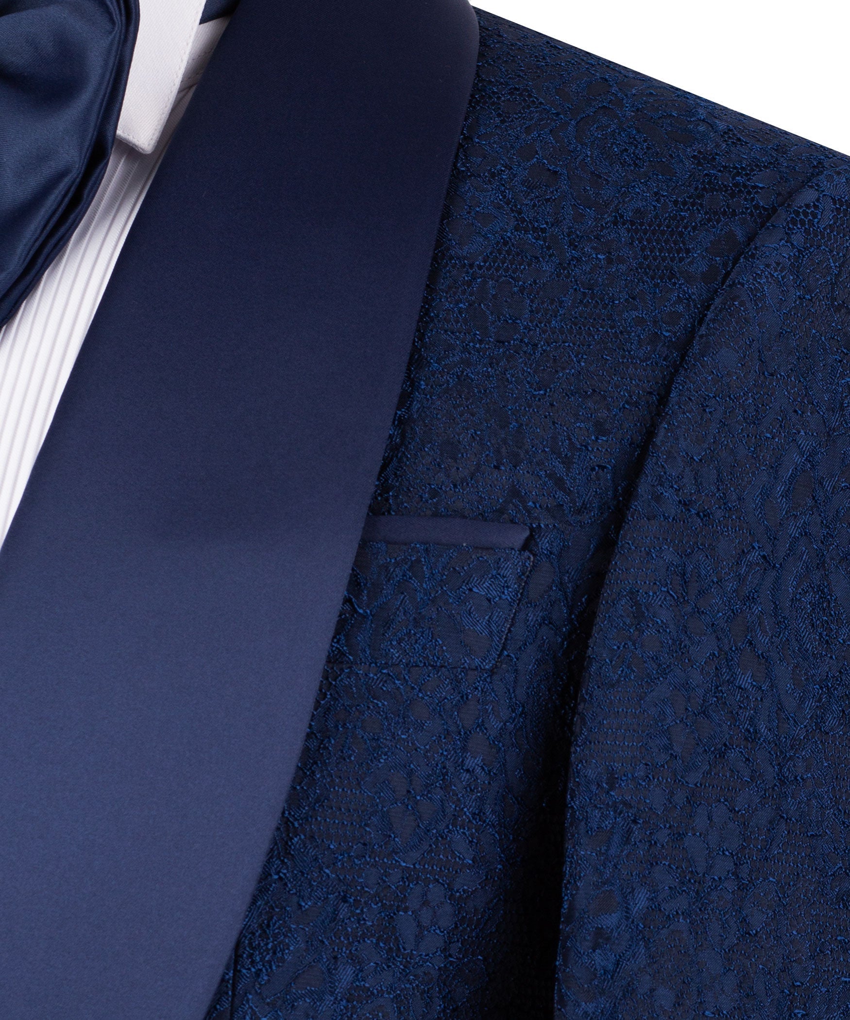 Navy textured tuxedo fabric detail on suit jacket panels near the vest