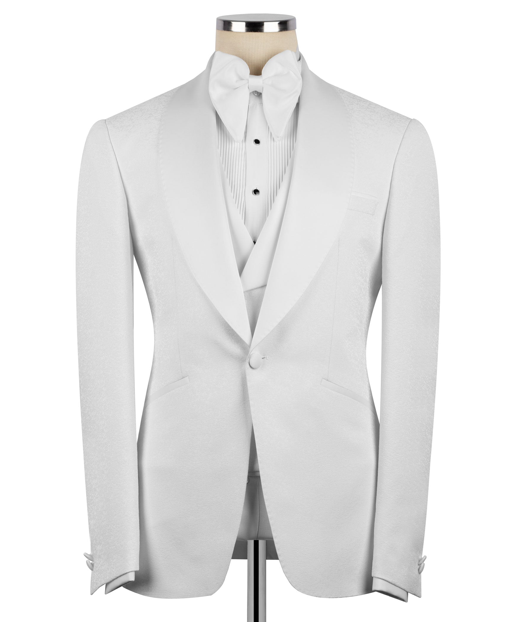 White tuxedo jacket front view with bow tie and ribbed vest, clean tailored look