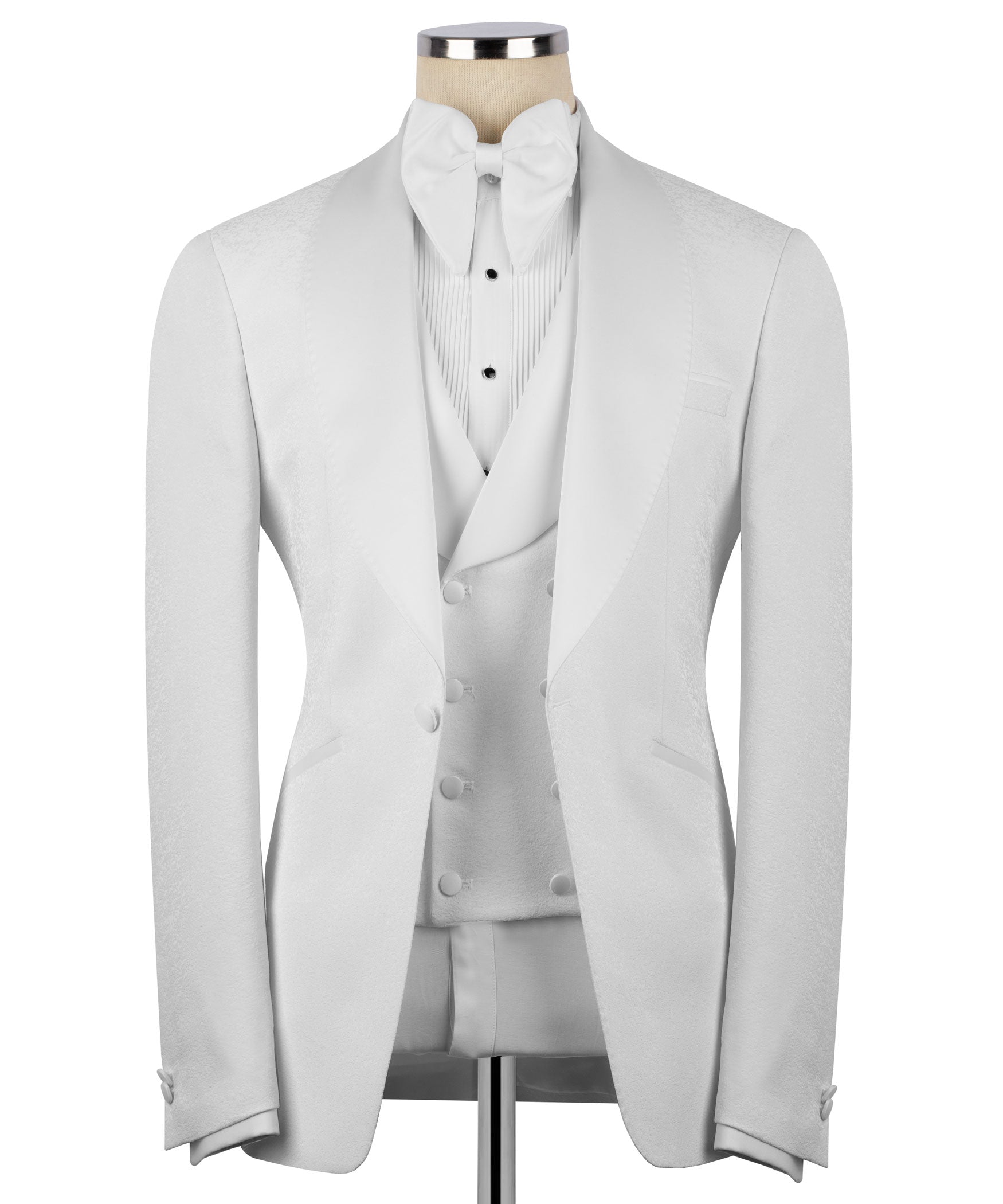 White three-piece tuxedo: jacket with bow tie and ribbed vest on a mannequin, front view