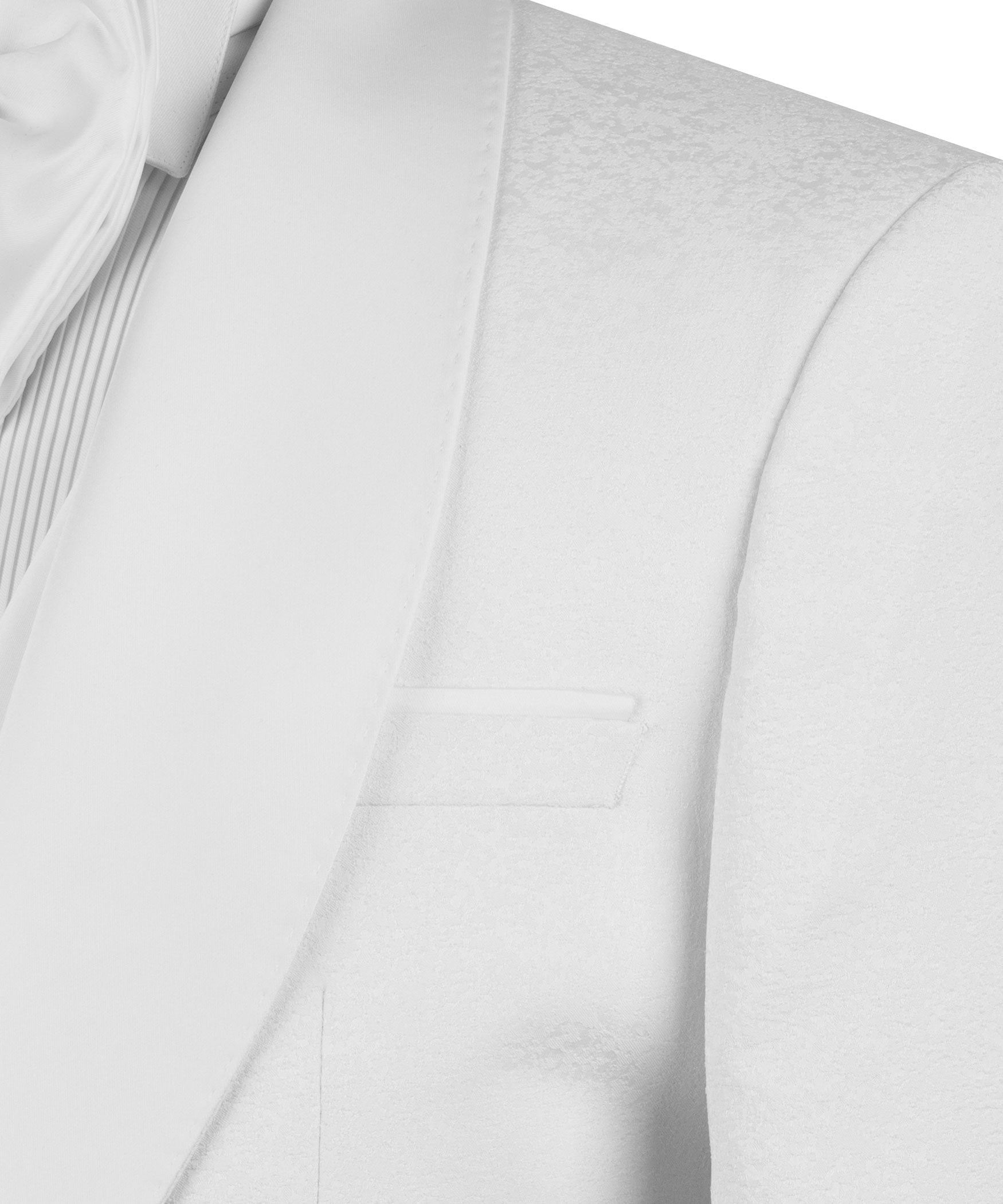 White tuxedo jacket lapel and welt pocket detail, close-up on shoulder and chest