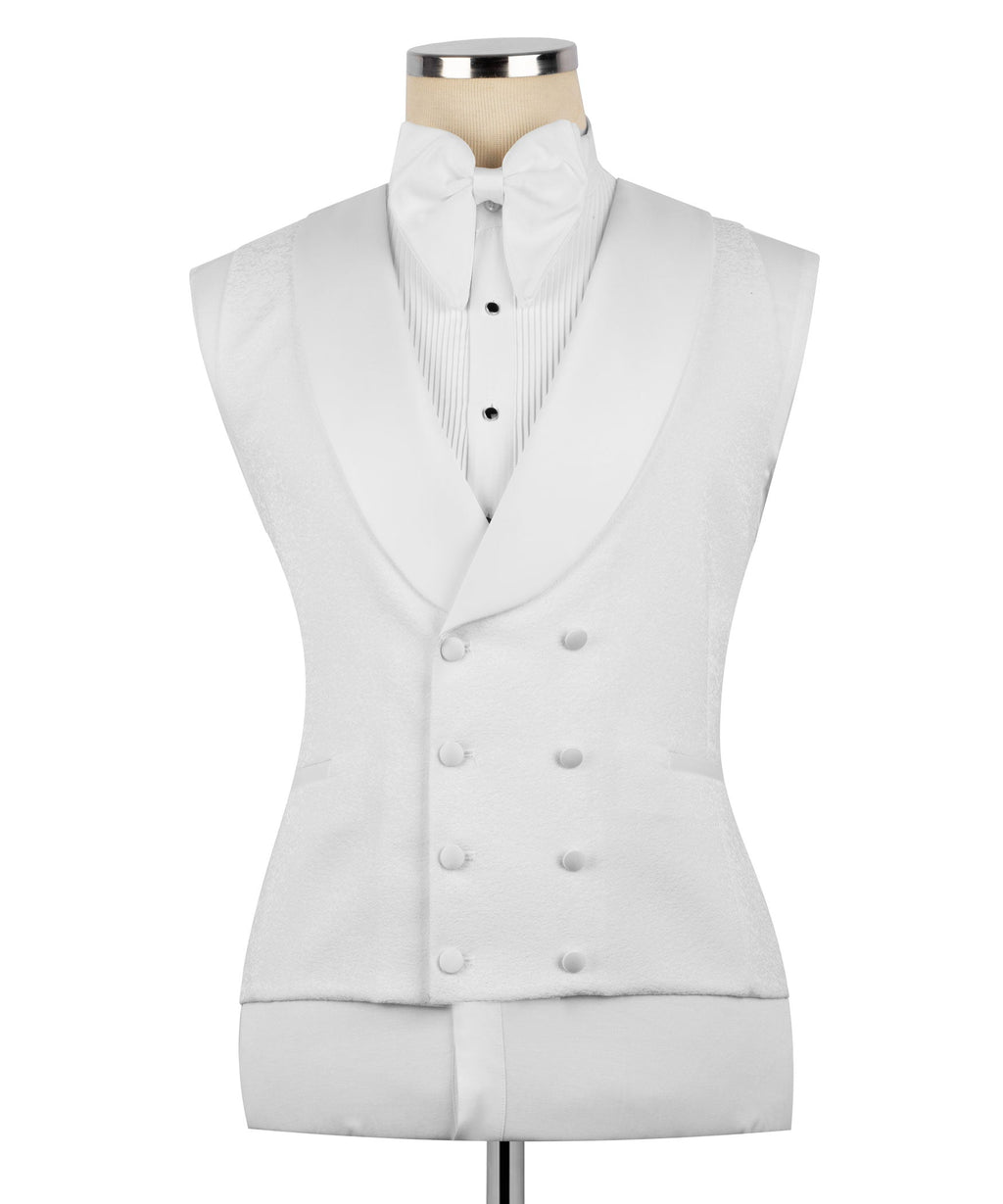 White double-breasted tuxedo vest with button front and dress shirt detail on a mannequin