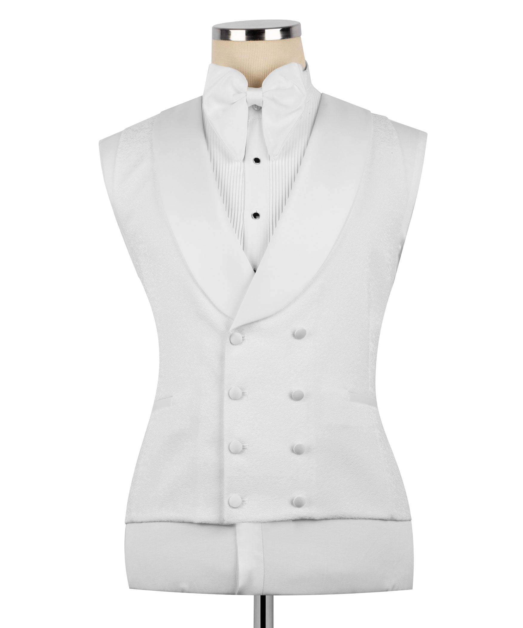 White double-breasted tuxedo vest with button front and dress shirt detail on a mannequin