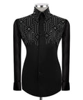 Men's black formal long-sleeve shirt with silver stone embroidery and button placket