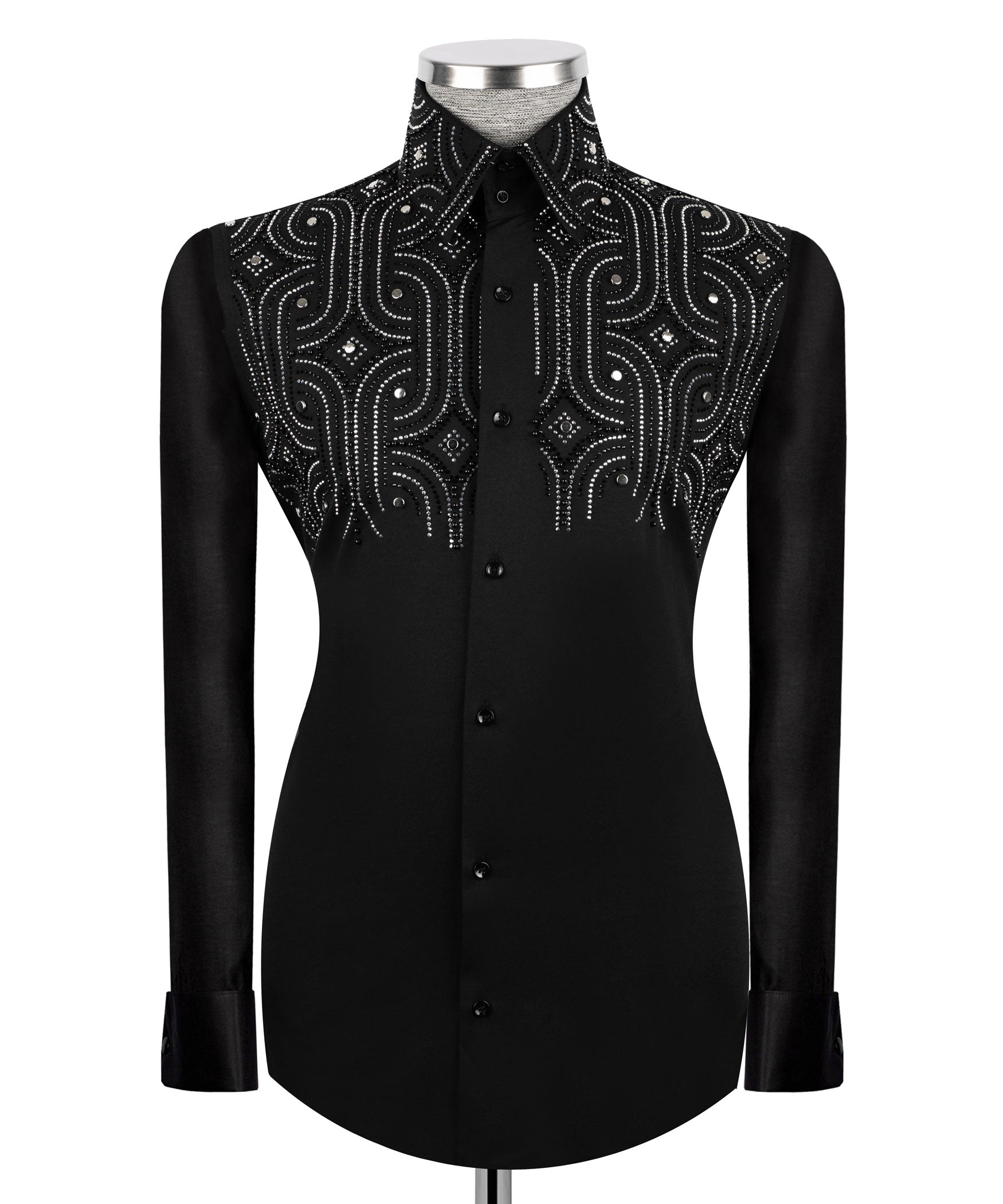 Men's black formal long-sleeve shirt with silver stone embroidery and button placket