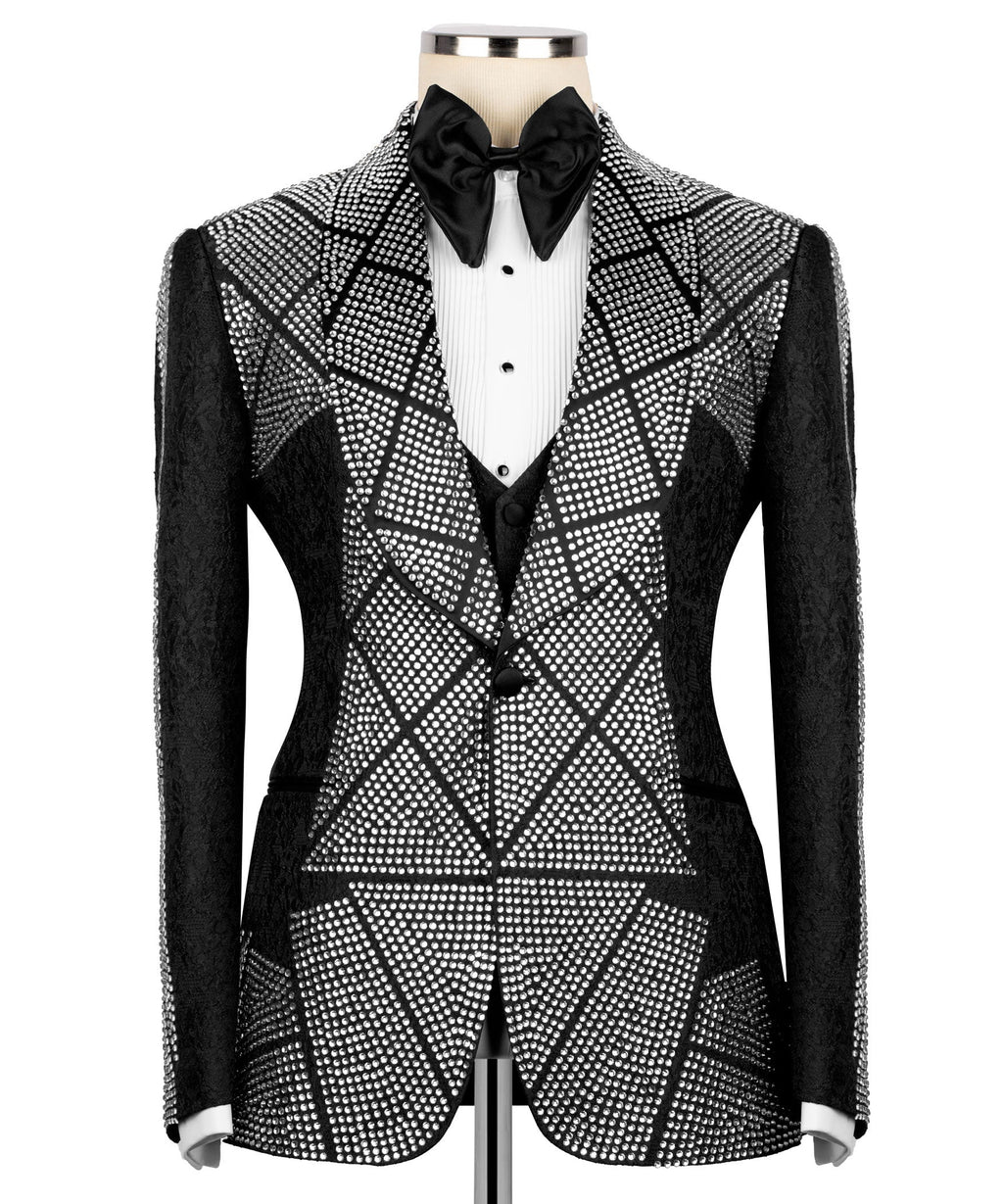 Black tuxedo vest and rhinestone embroidered jacket with satin bow tie