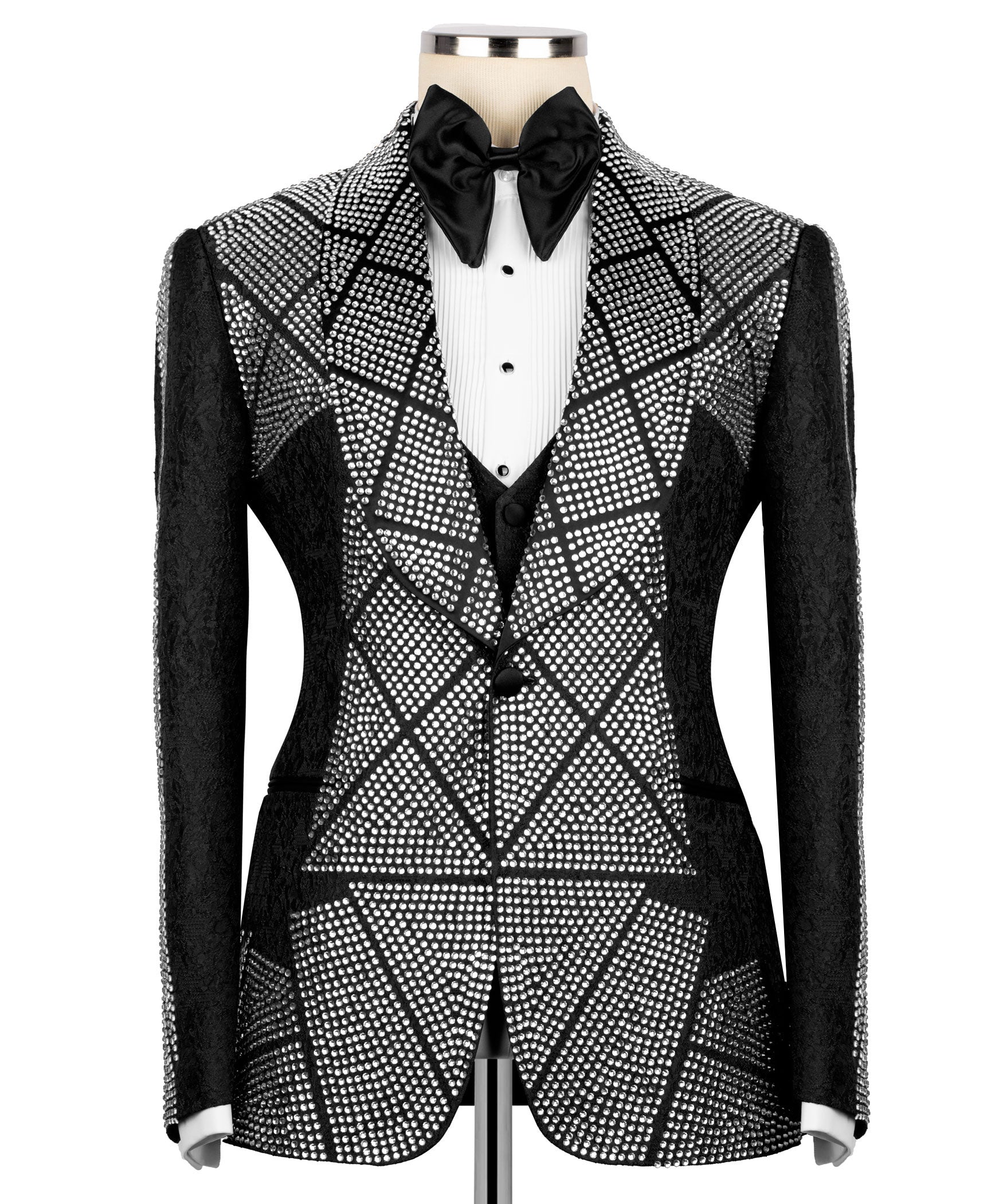 Black tuxedo vest and rhinestone embroidered jacket with satin bow tie