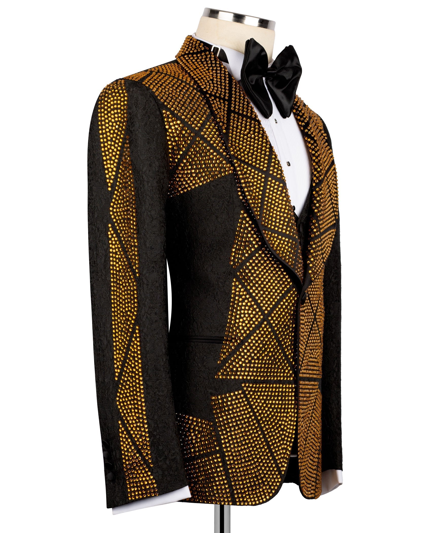 Stone-embroidered tuxedo jacket side view, black and gold diamond pattern with flap