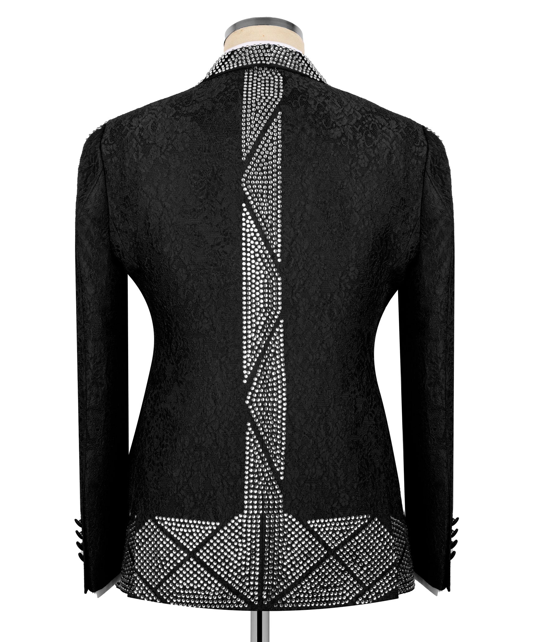 Back view of black tuxedo jacket with rhinestone vertical stripe embroidery