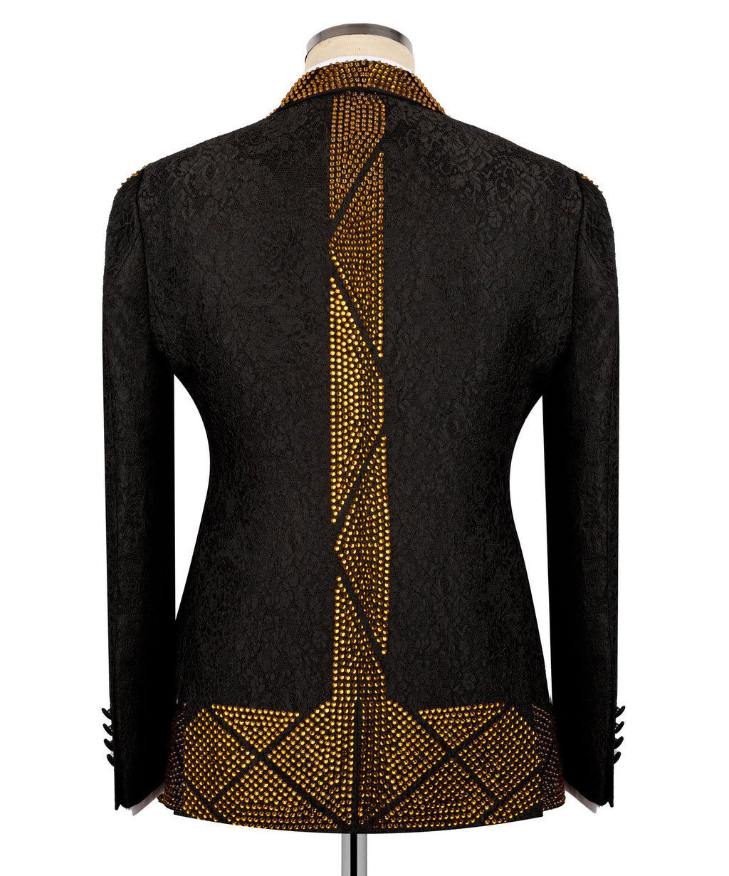 Stone-embroidered tuxedo jacket back, black with gold vertical curved detailing