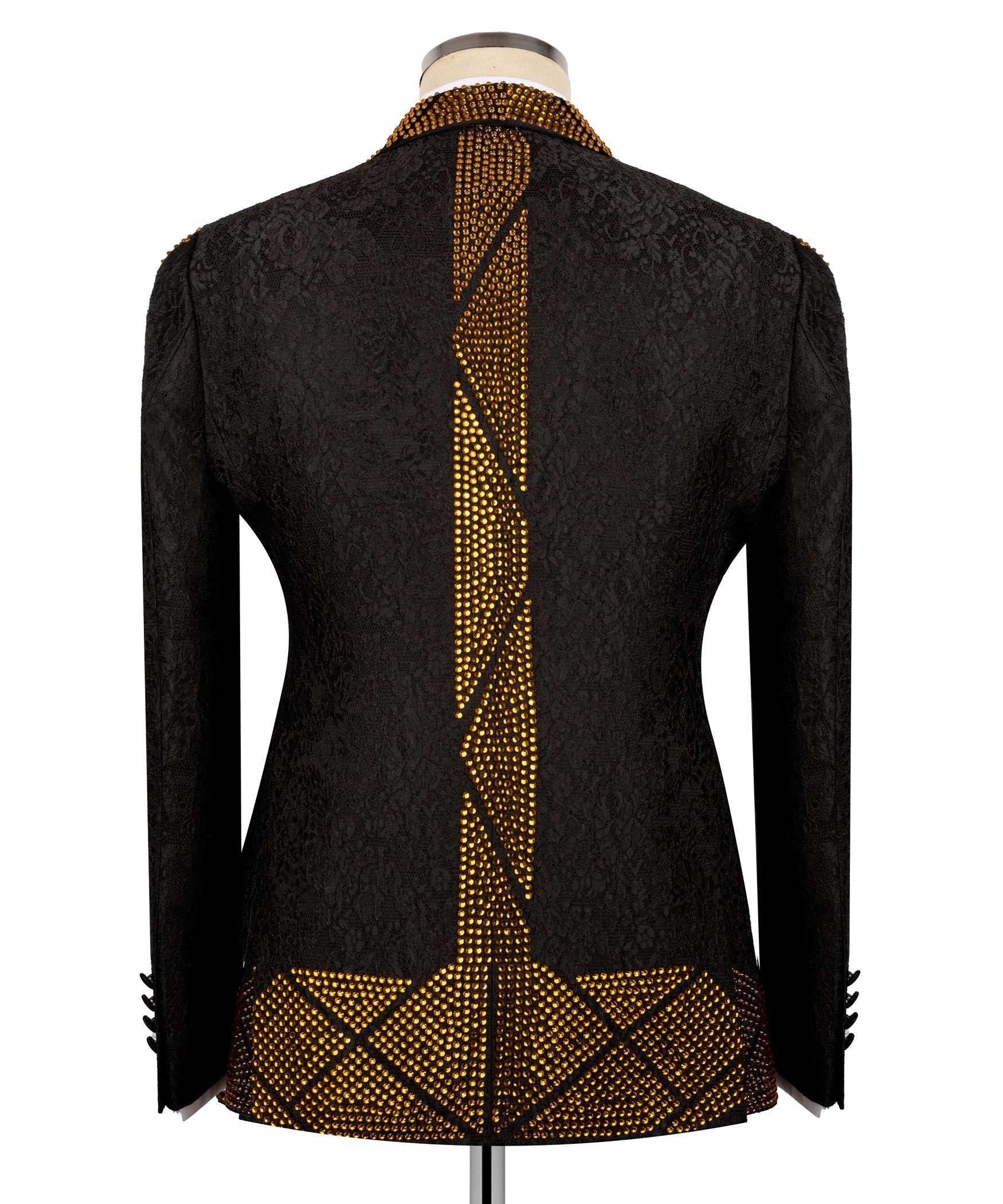 Stone-embroidered tuxedo jacket back, black with gold vertical curved detailing