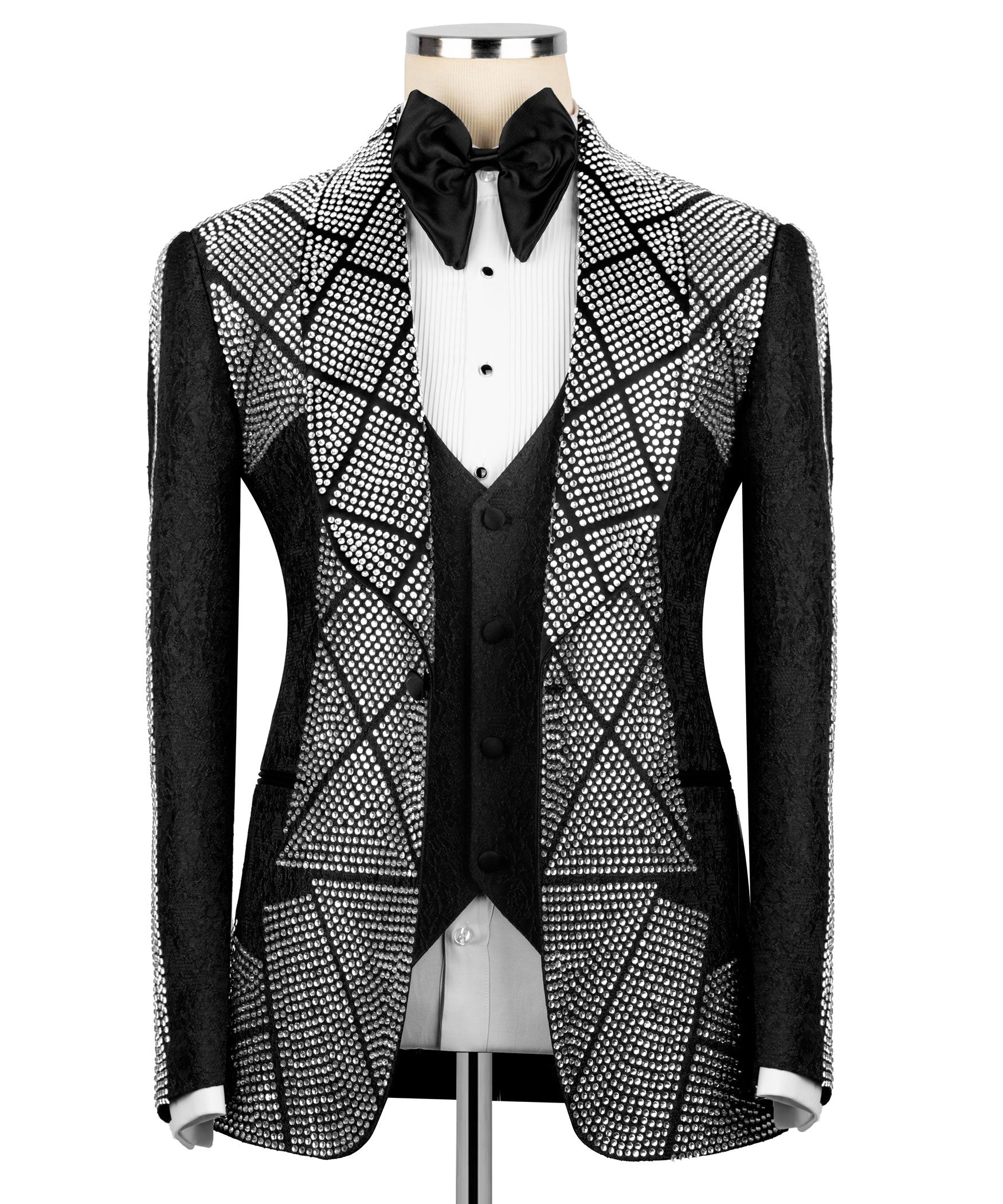 Black tuxedo set: rhinestone embroidered jacket, vest, white shirt and bow tie
