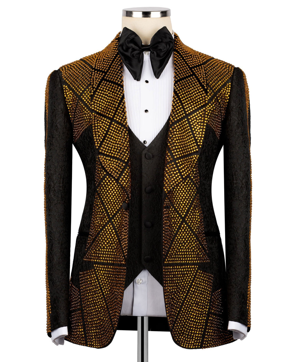 Stone-embroidered tuxedo jacket, black with gold geometric sparkle and satin lapels
