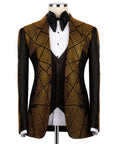 Stone-embroidered tuxedo jacket, black with gold geometric sparkle and satin lapels