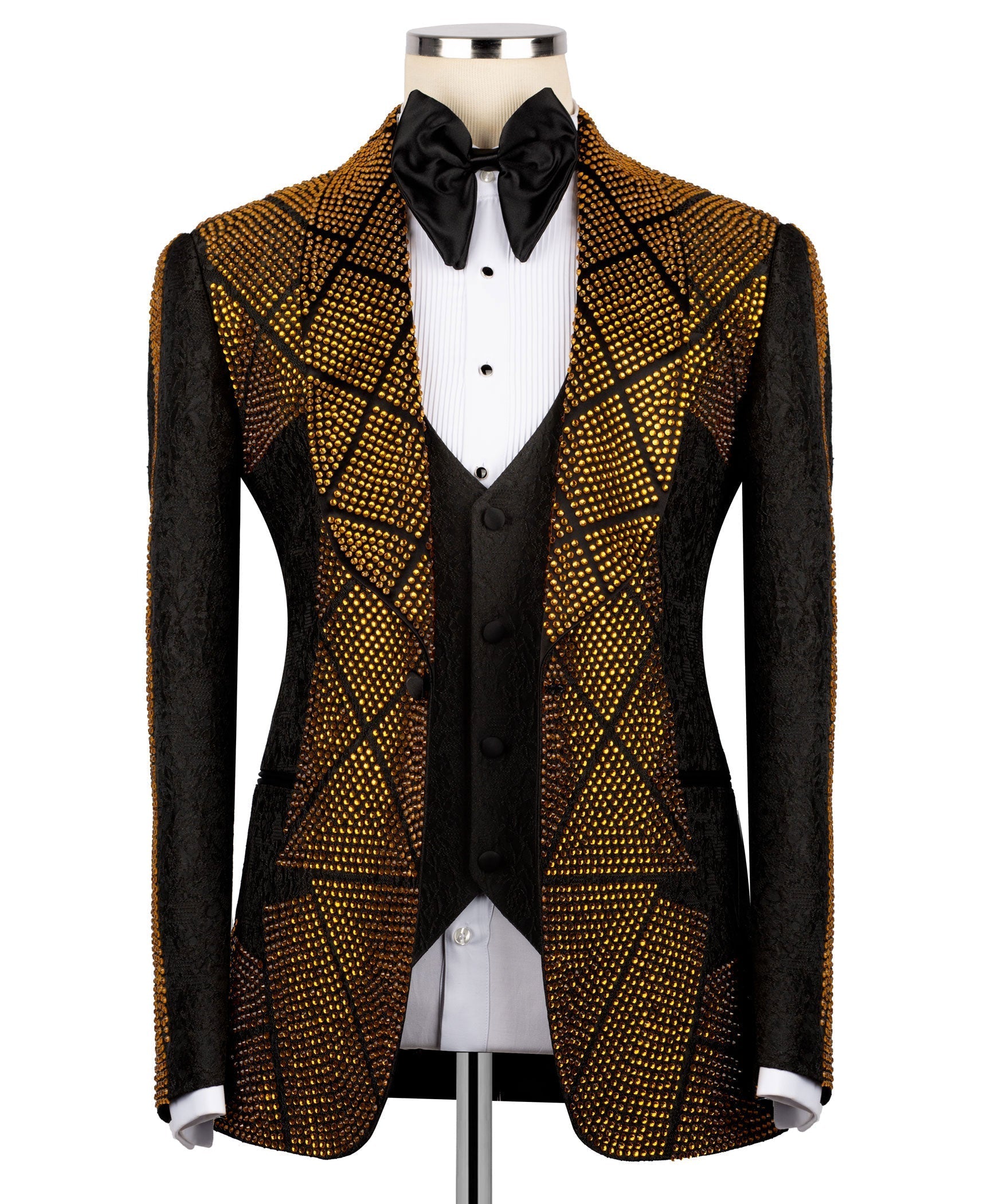 Stone-embroidered tuxedo jacket, black with gold geometric sparkle and satin lapels