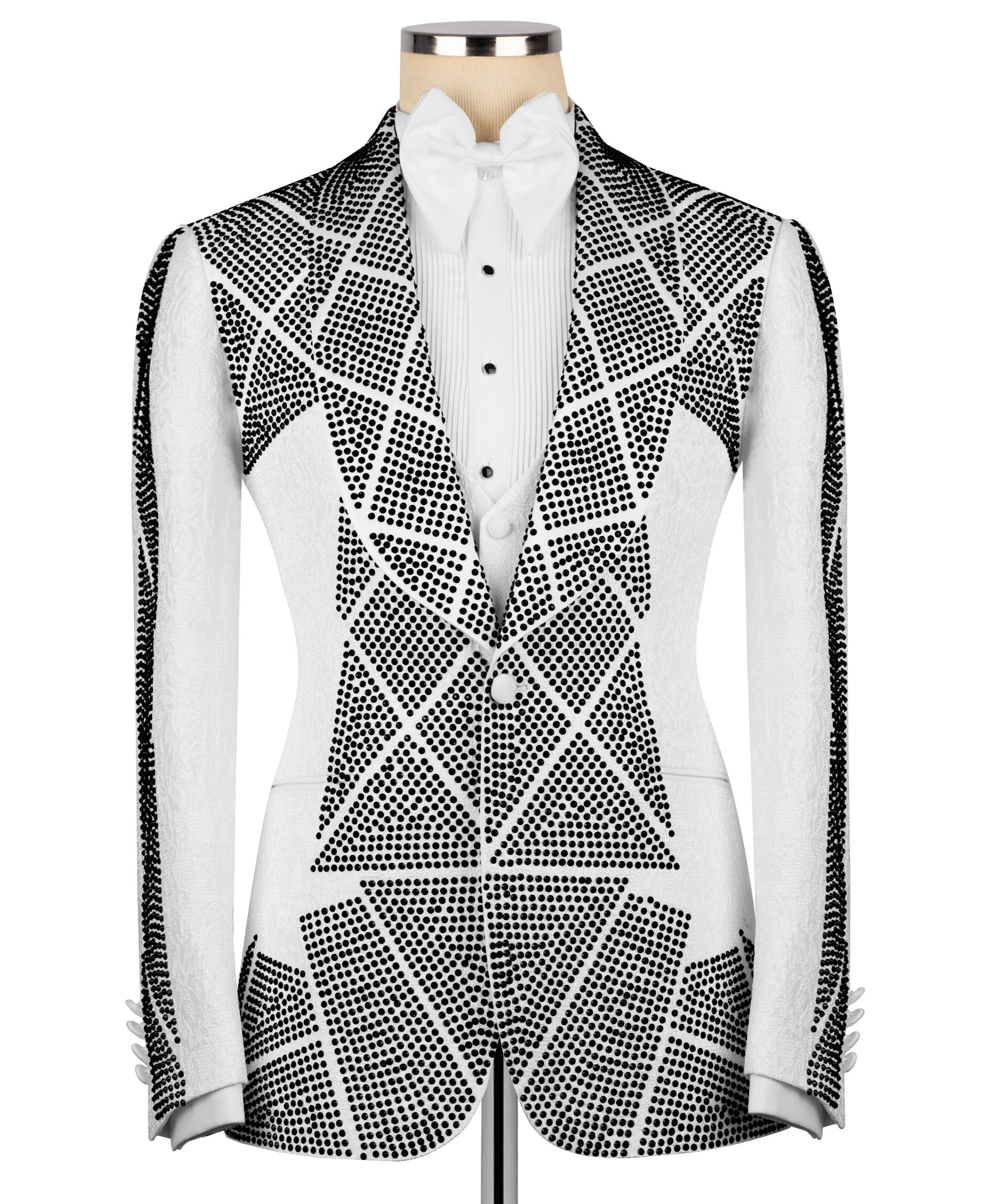 Front view tuxedo jacket and white vest with black dotted embroidery pattern across panels
