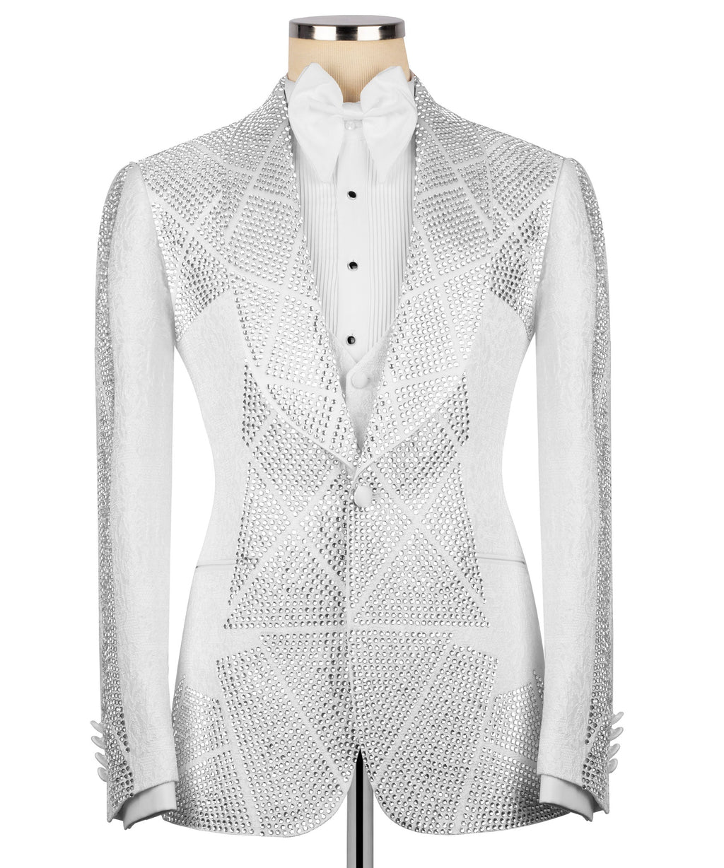 Front view: white tuxedo jacket with silver stone embroidery and matching waistcoat