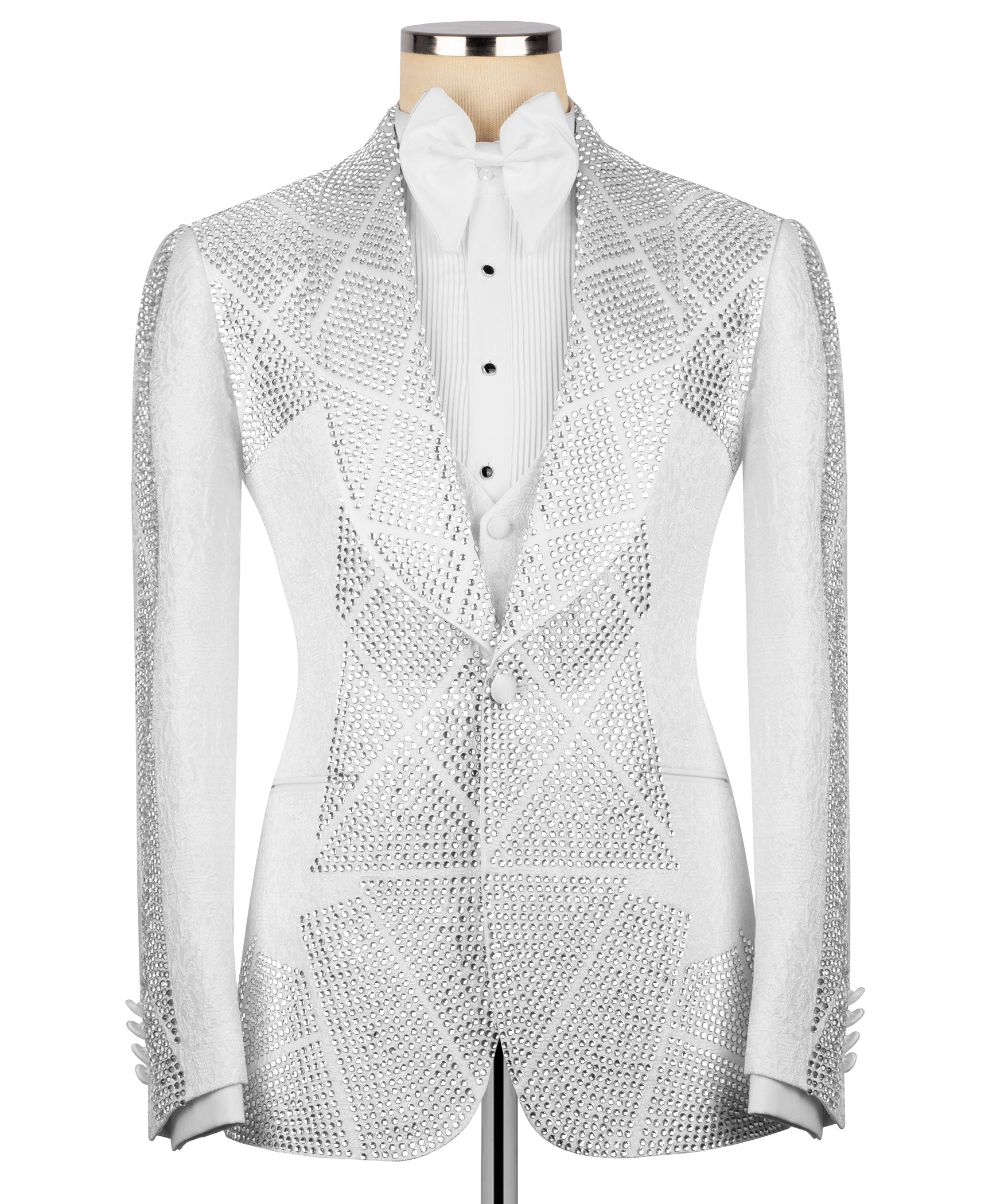 Front view: white tuxedo jacket with silver stone embroidery and matching waistcoat