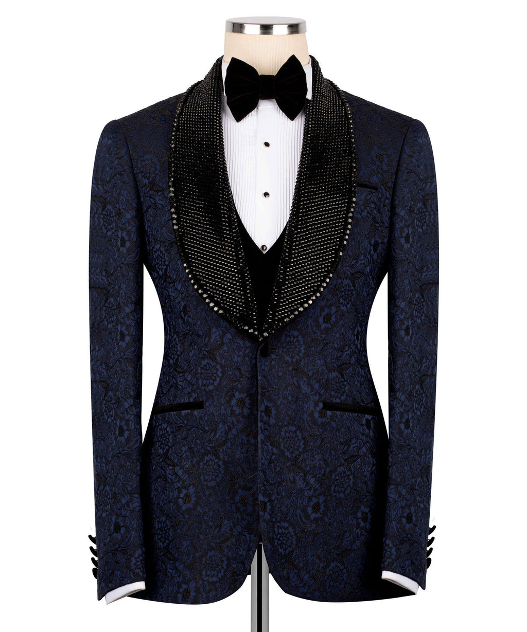Blue embroidered tux jacket with black velvet vest front, notch lapels, bow tie