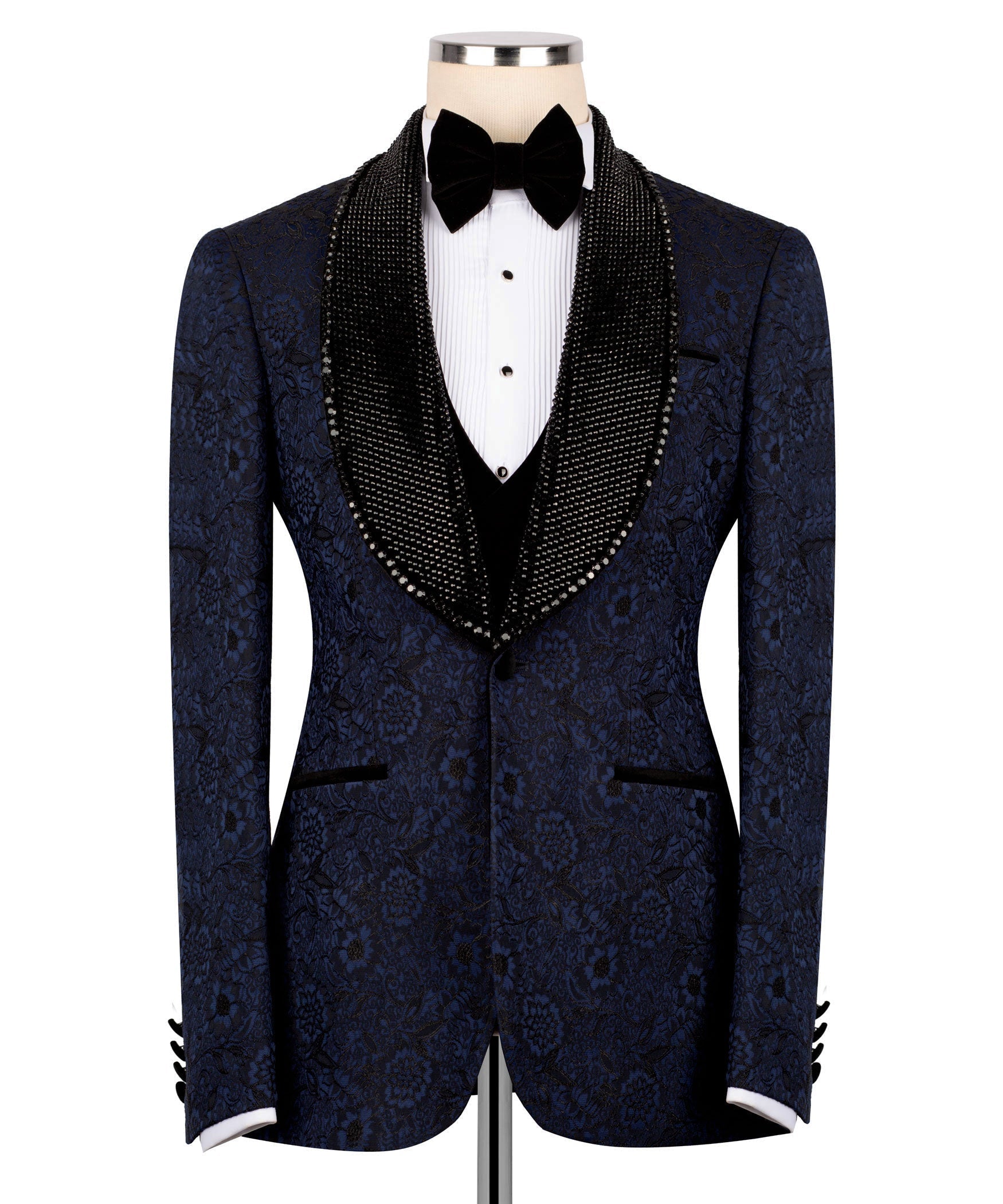 Blue embroidered tux jacket with black velvet vest front, notch lapels, bow tie