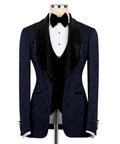Blue embroidered tux jacket with black velvet collar vest, bow tie, white shirt