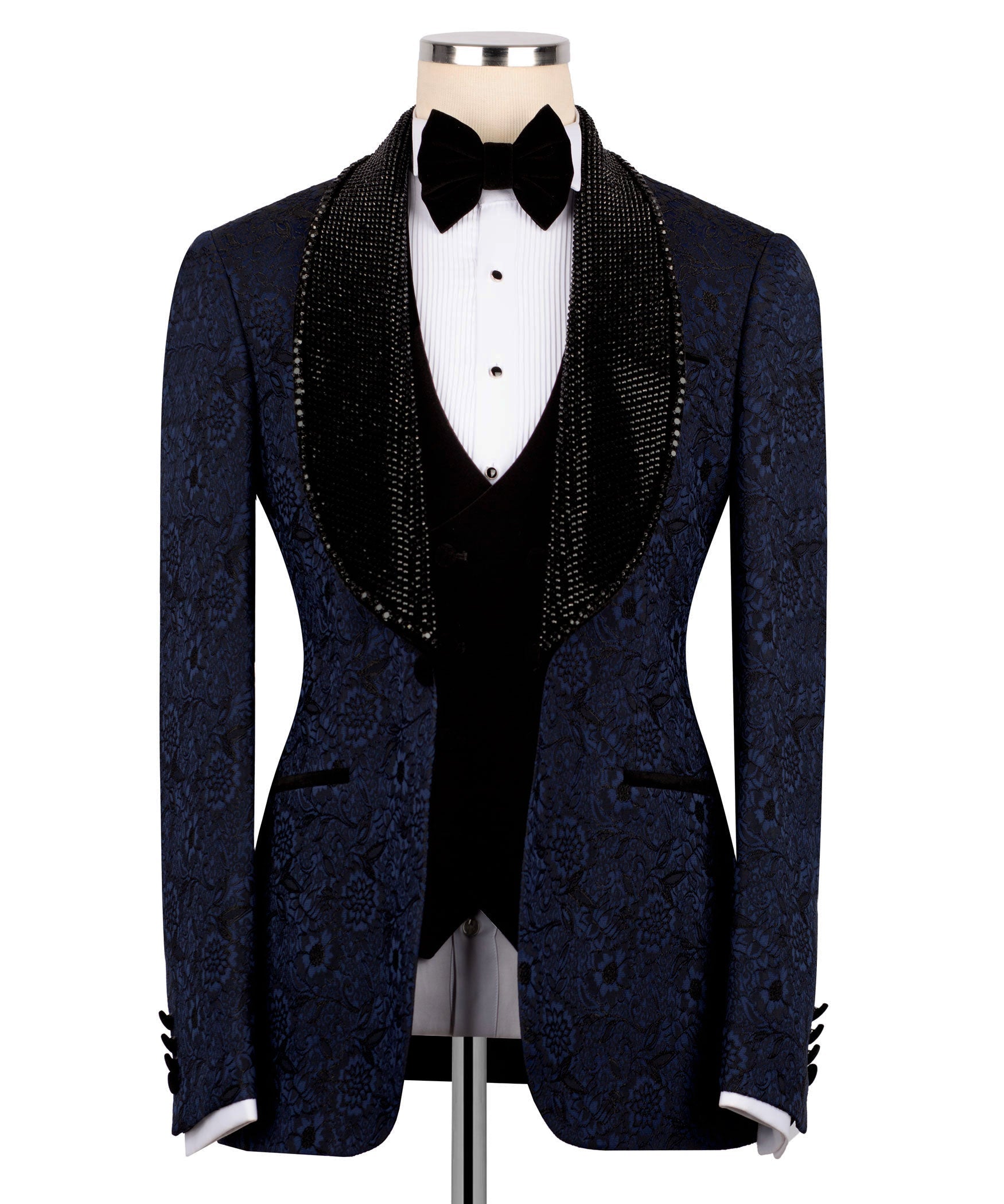 Blue embroidered tux jacket with black velvet collar vest, bow tie, white shirt
