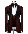 Red embroidered tuxedo jacket with black velvet shawl collar and matching vest
