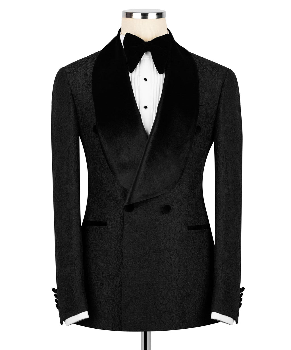Black velvet-collar tuxedo jacket with satin lapels, bow tie and vest, front view