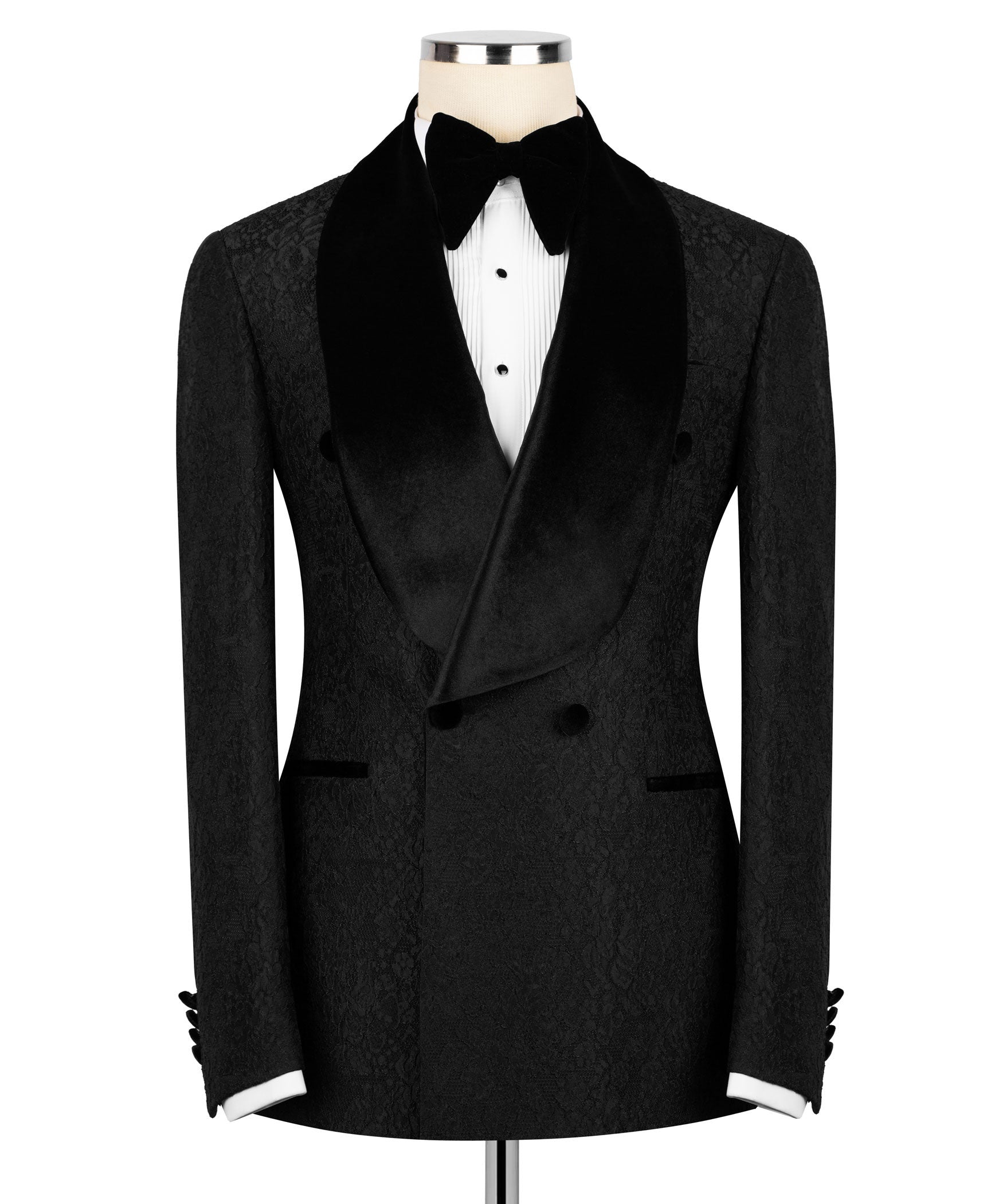 Black velvet-collar tuxedo jacket with satin lapels, bow tie and vest, front view