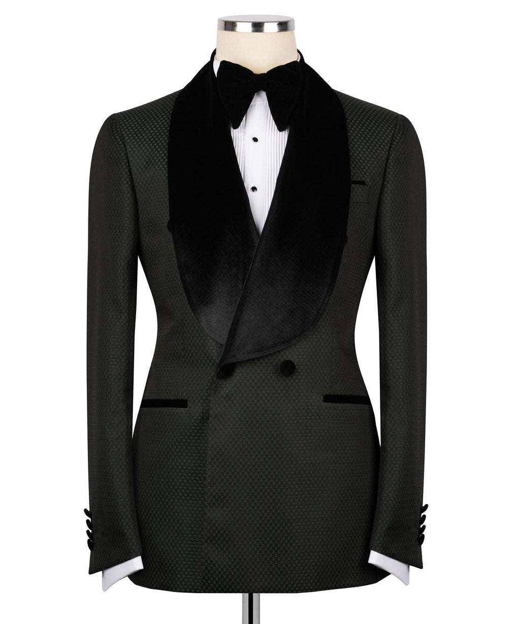 Black tuxedo blazer with velvet shawl collar, satin bow tie, and vest