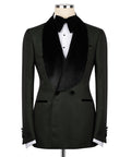 Black tuxedo blazer with velvet shawl collar, satin bow tie, and vest