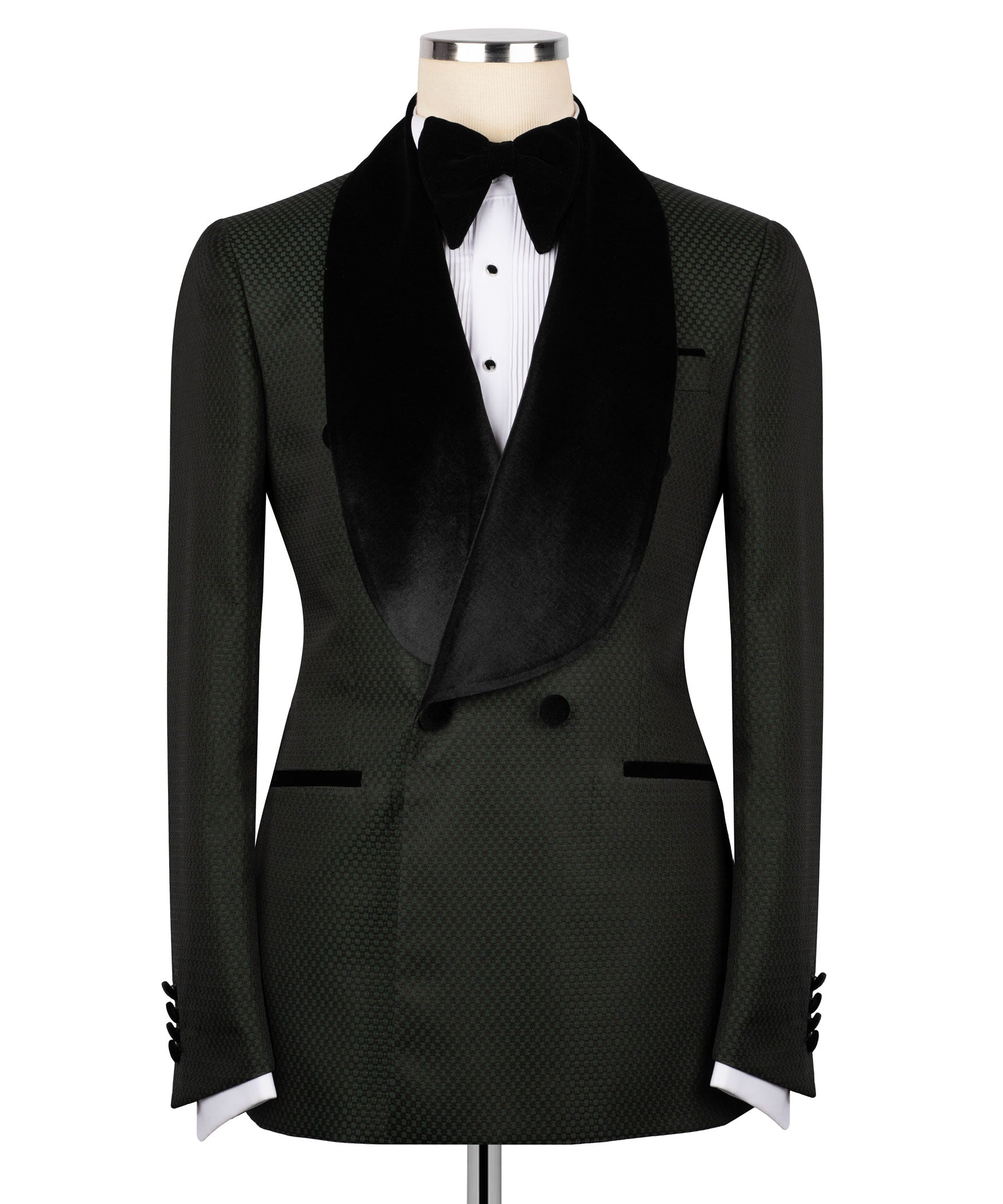 Black tuxedo blazer with velvet shawl collar, satin bow tie, and vest