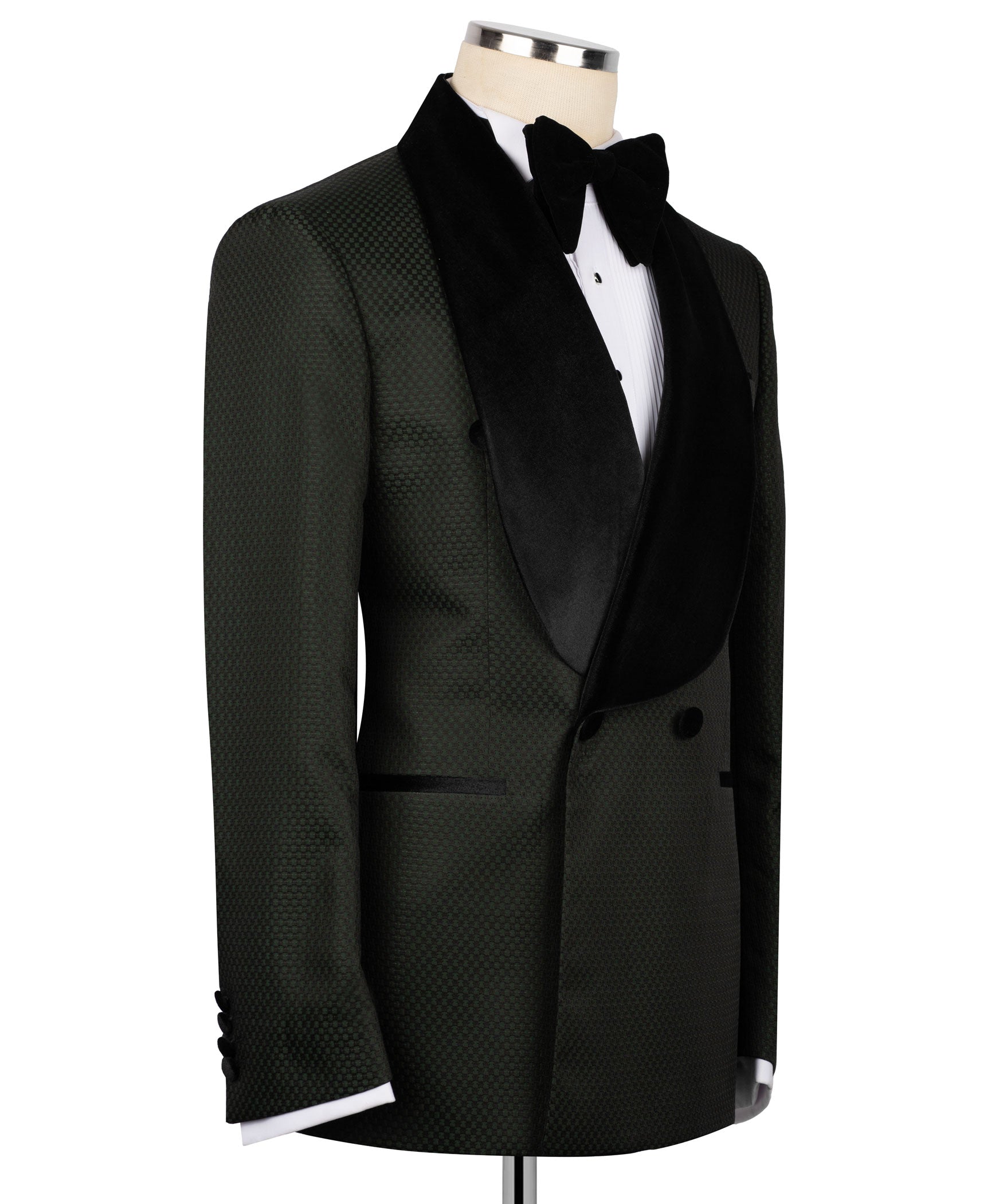 Black tuxedo jacket with velvet shawl lapels, front buttons, and bow tie