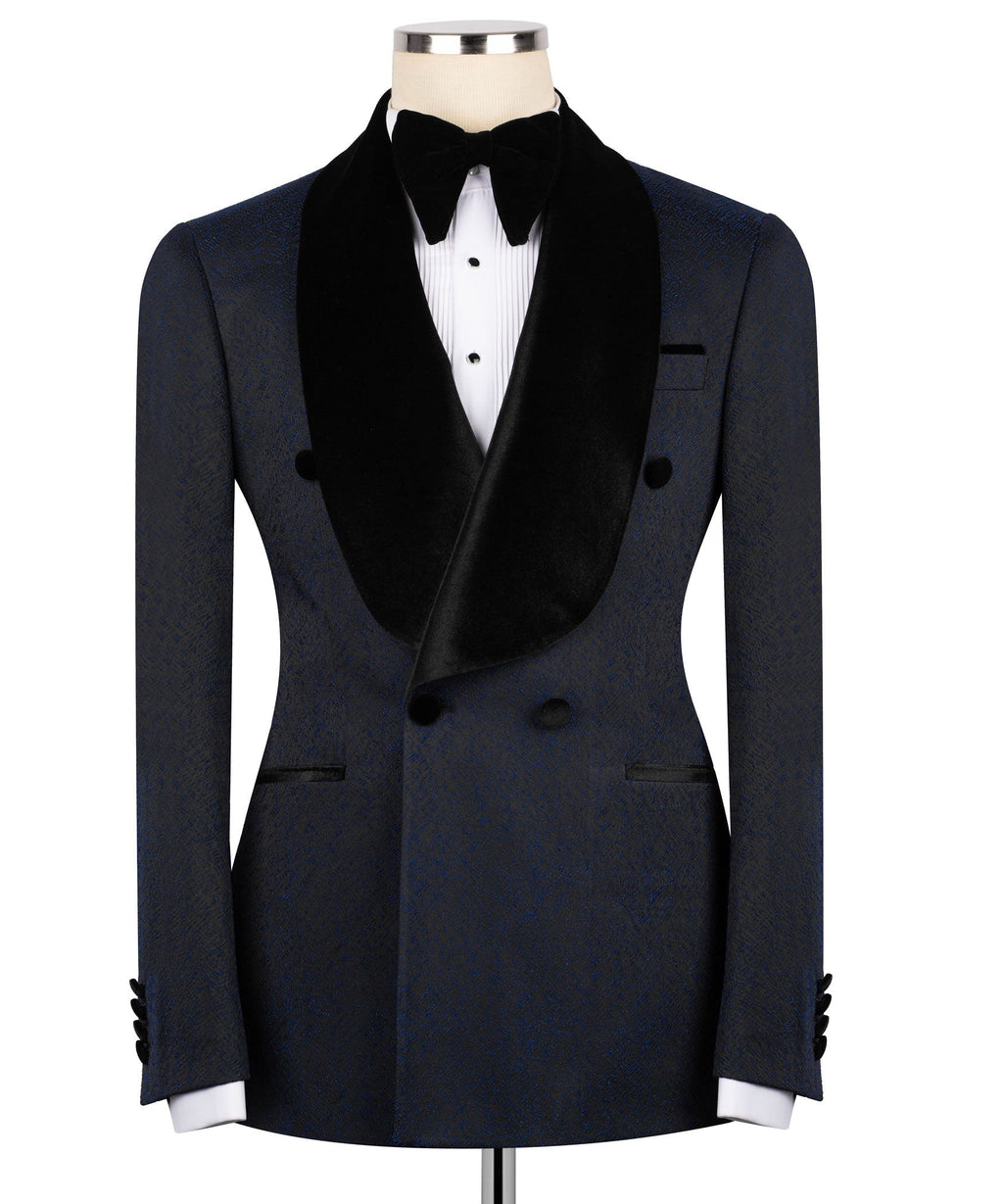 Dark navy velvet-collar tuxedo two-piece suit with black bow tie and vest, front view