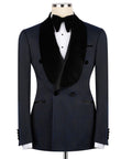 Dark navy velvet-collar tuxedo two-piece suit with black bow tie and vest, front view