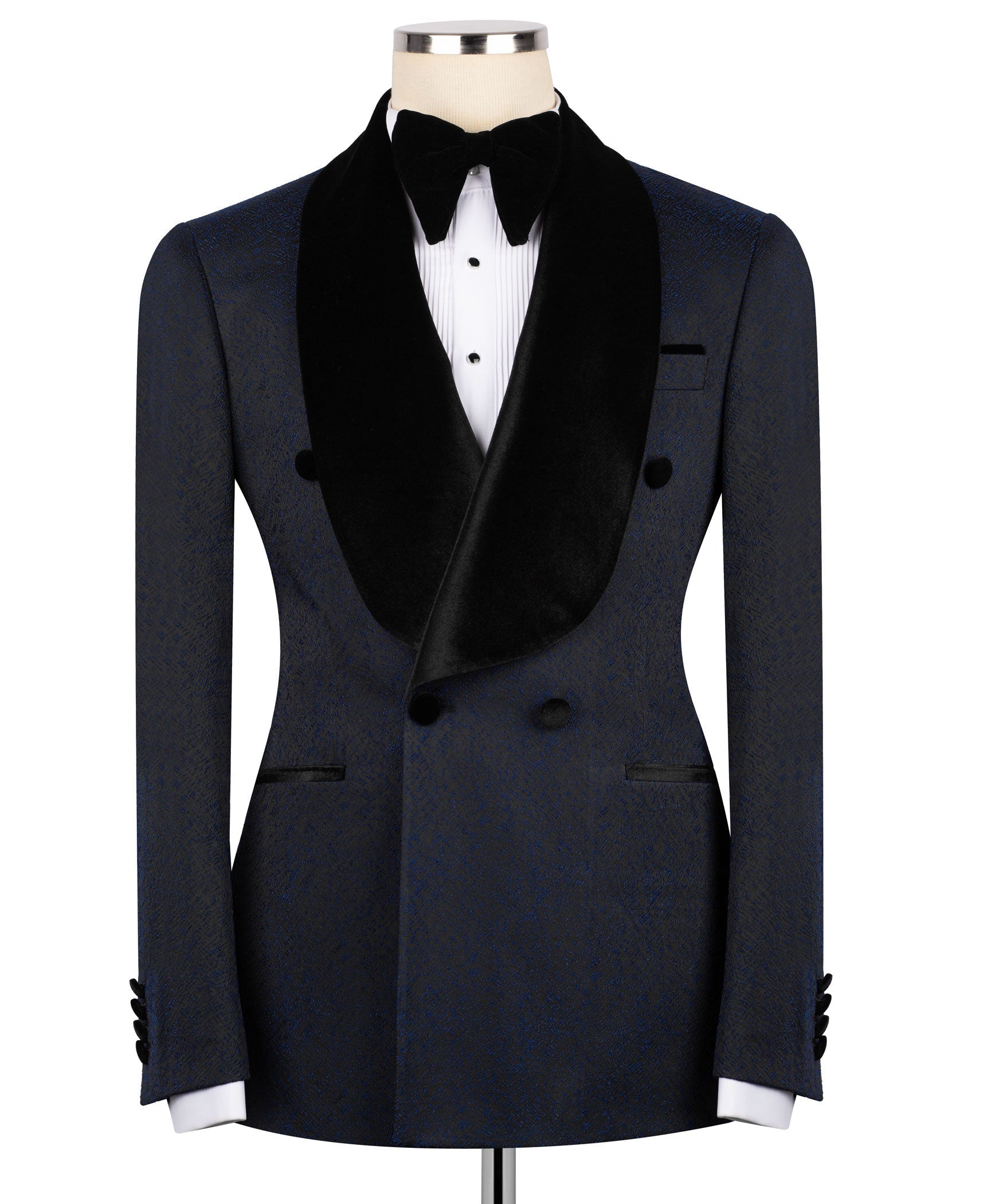 Dark navy velvet-collar tuxedo two-piece suit with black bow tie and vest, front view