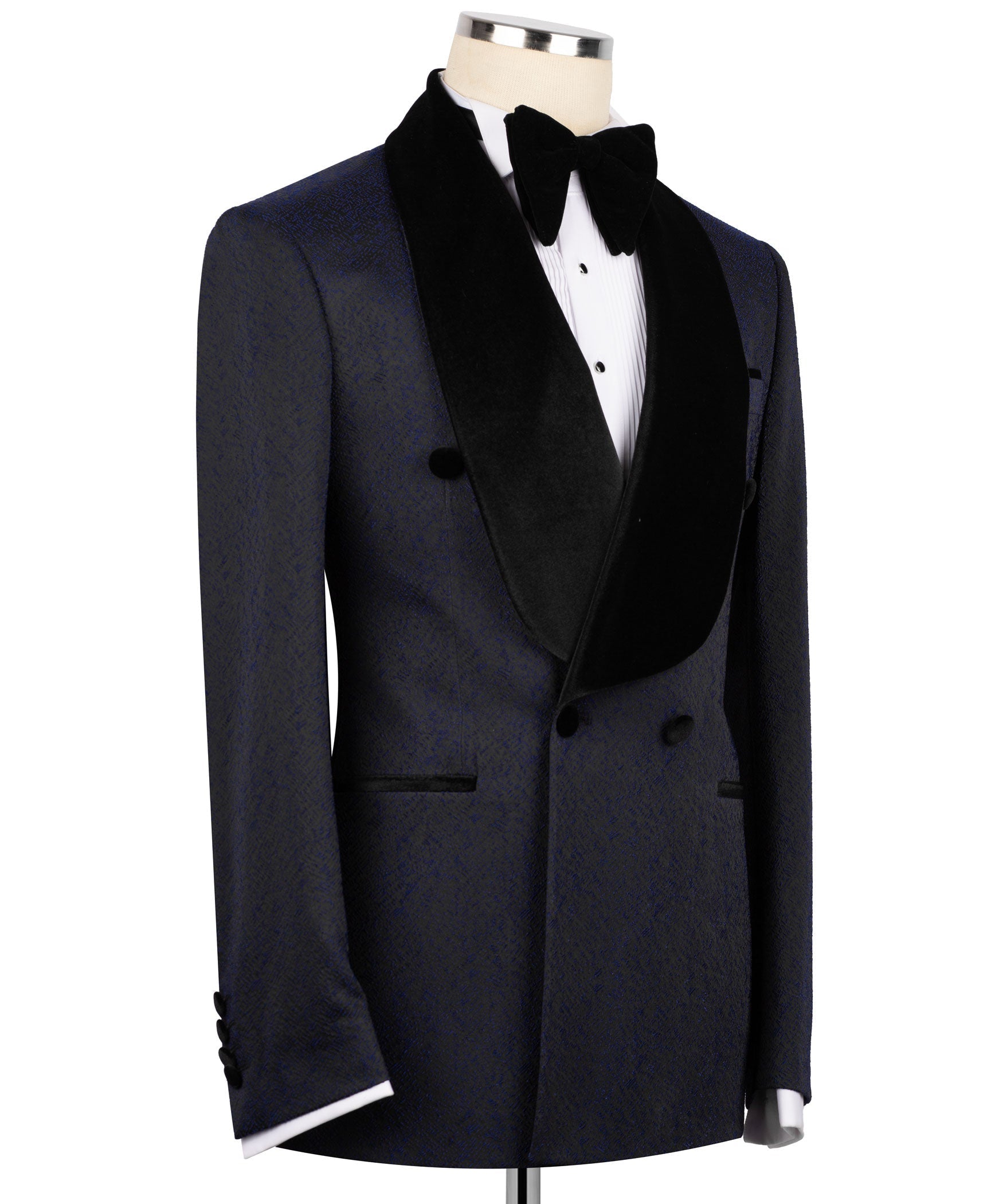 Dark navy tuxedo suit jacket with black velvet lapels and matching vest, side view