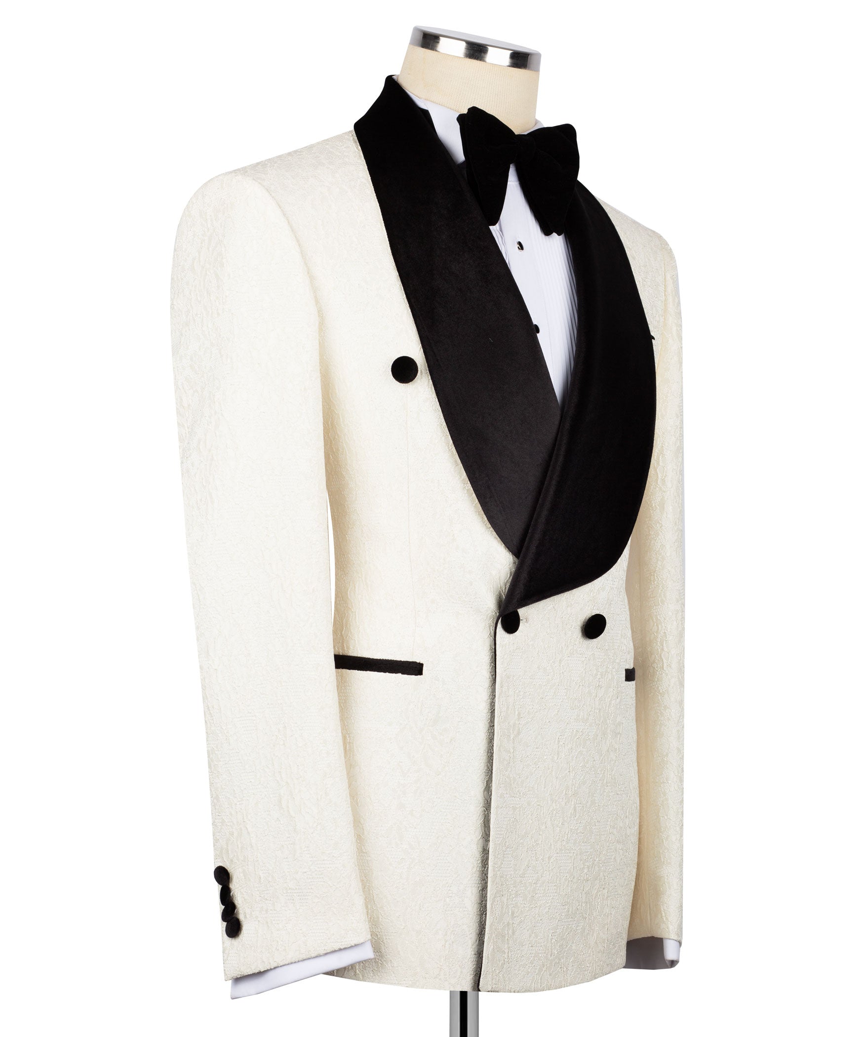 Cream single-breasted tuxedo jacket with black velvet lapel and bow tie