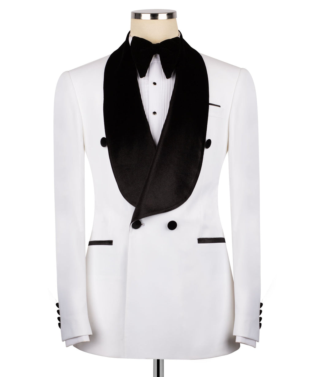 White tuxedo jacket with black velvet shawl collar and bow tie
