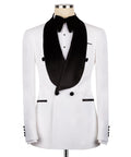 White tuxedo jacket with black velvet shawl collar and bow tie