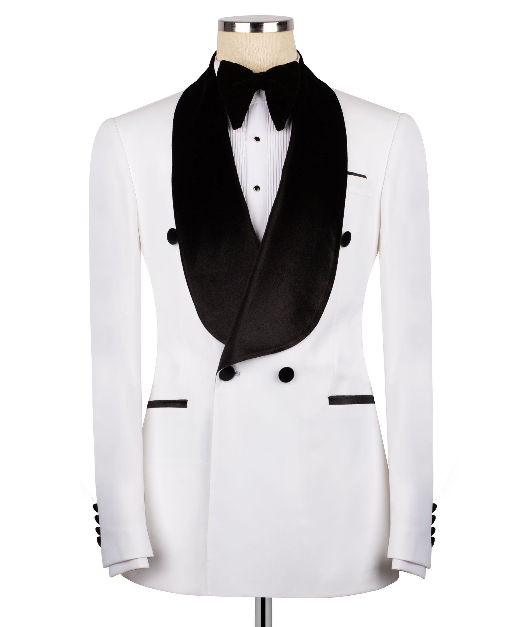White tuxedo jacket with black velvet shawl collar and bow tie