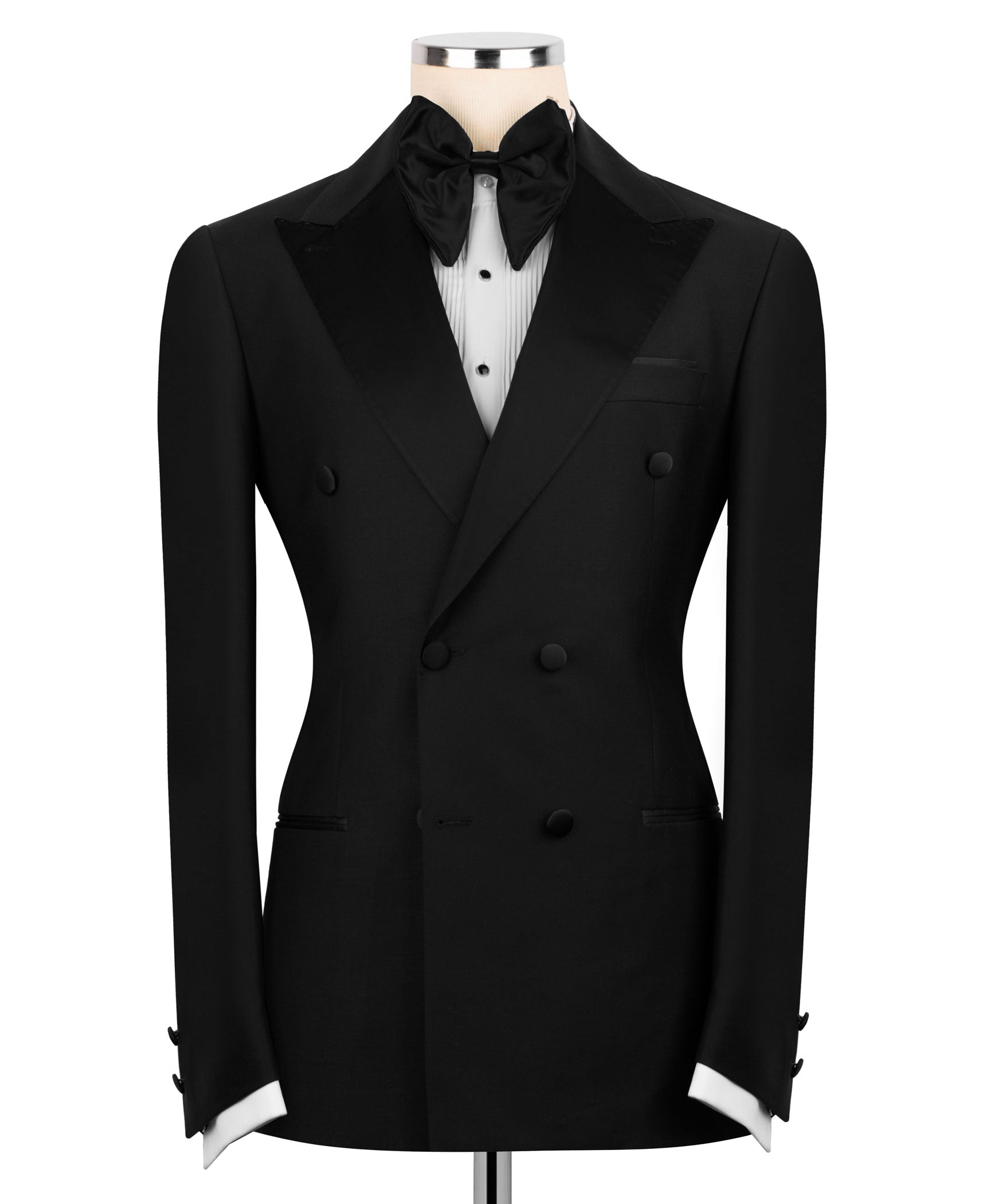 Black tuxedo jacket with satin shawl collar, bow tie, and buttoned waist