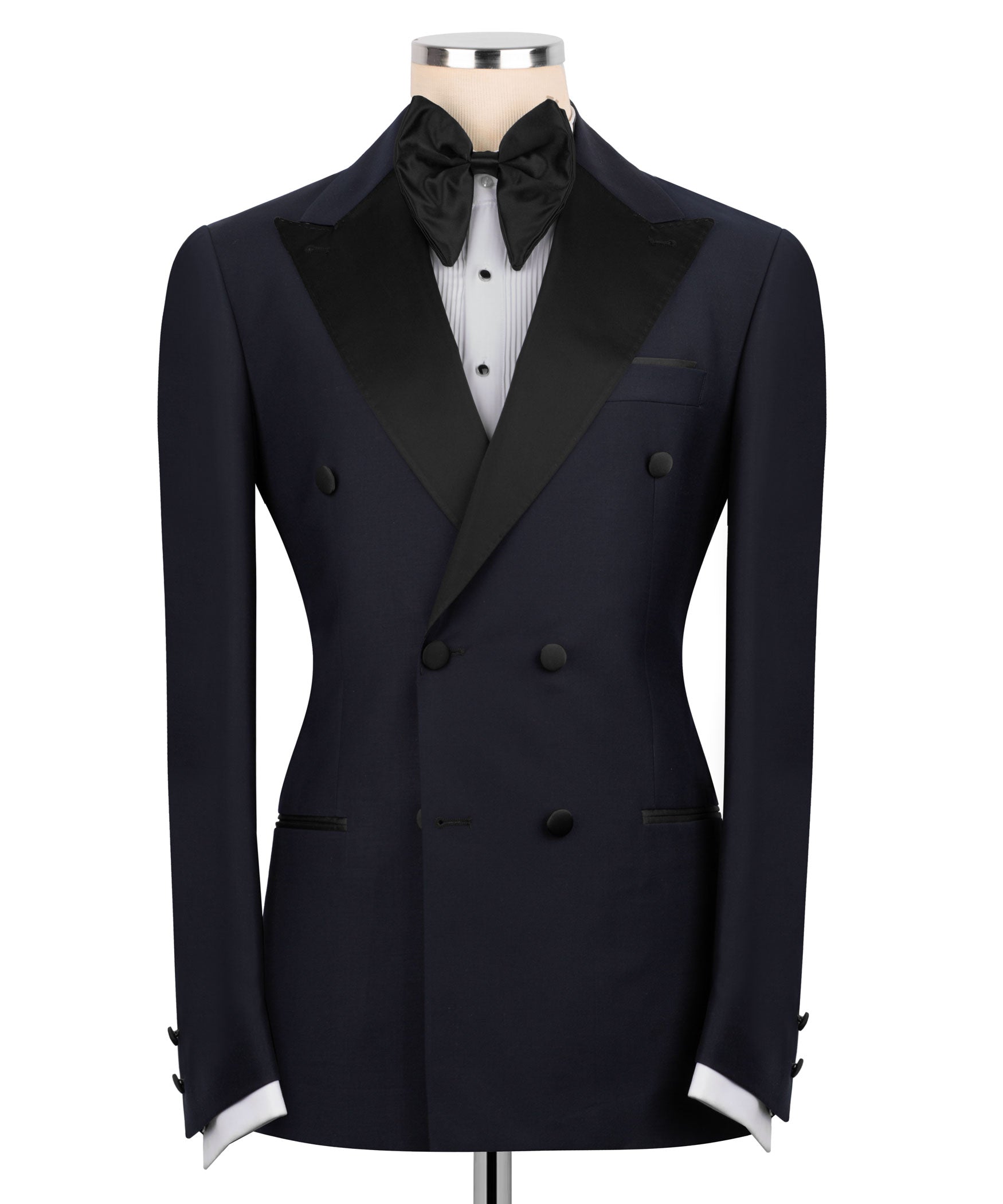 Navy tuxedo jacket with black satin shawl collar and bow tie, six-button front