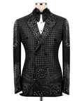 Embroidered black tuxedo jacket with satin bow, jeweled grid and floral patterns