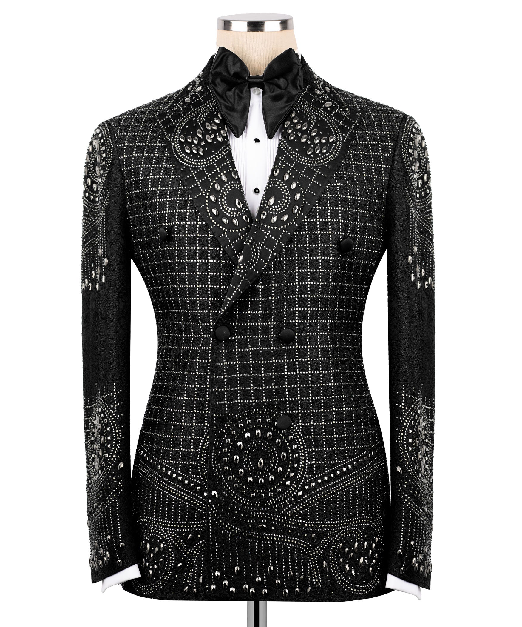 Embroidered black tuxedo jacket with satin bow, jeweled grid and floral patterns